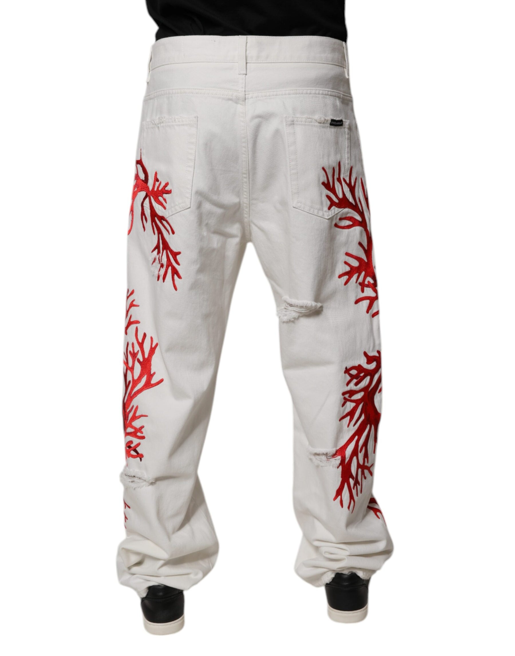 Dolce & Gabbana White Corals Tattered Straight Denim Jeans | Regal Royce