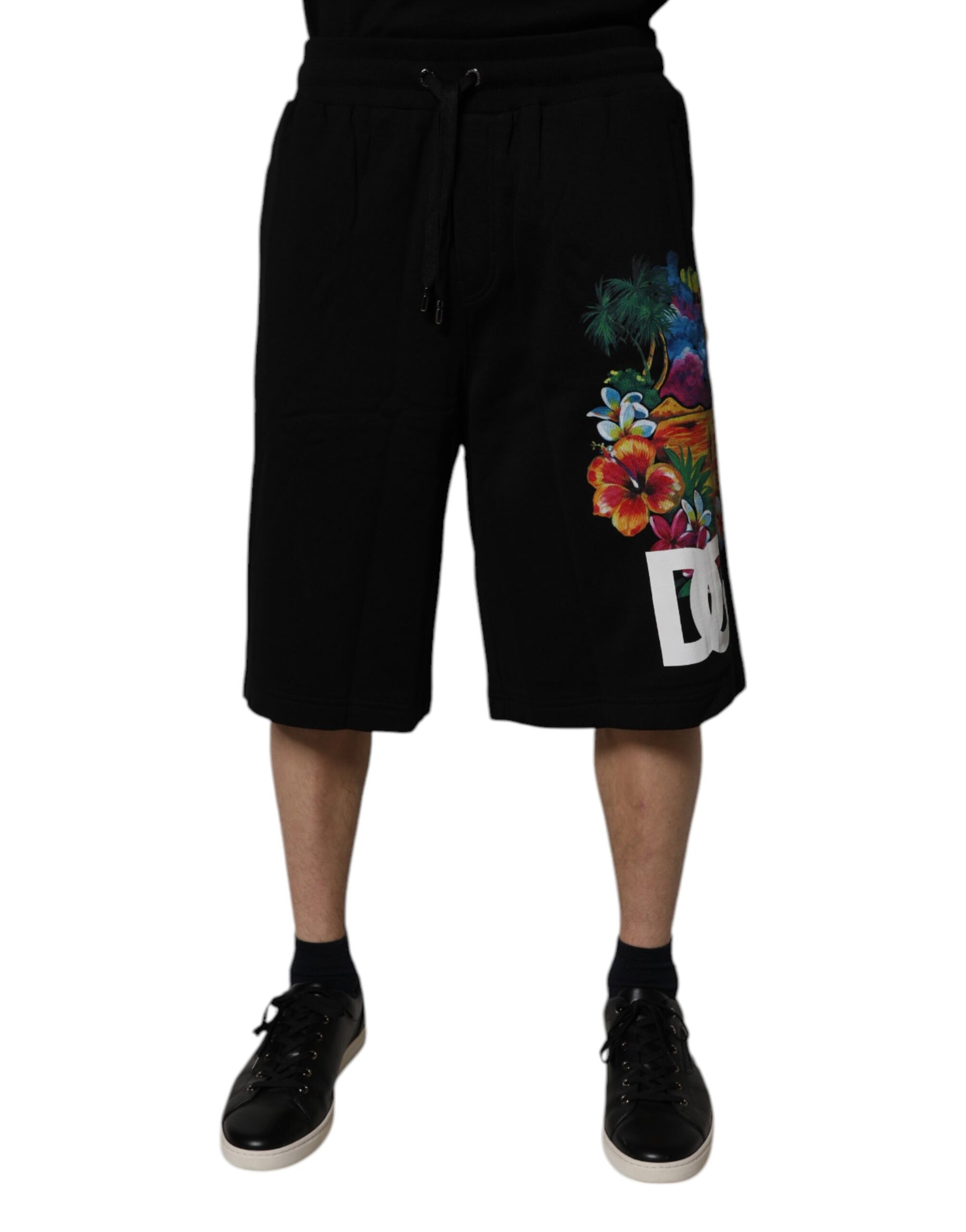 Dolce & Gabbana Black Cotton Logo Floral Print Bermuda Shorts | Regal Royce