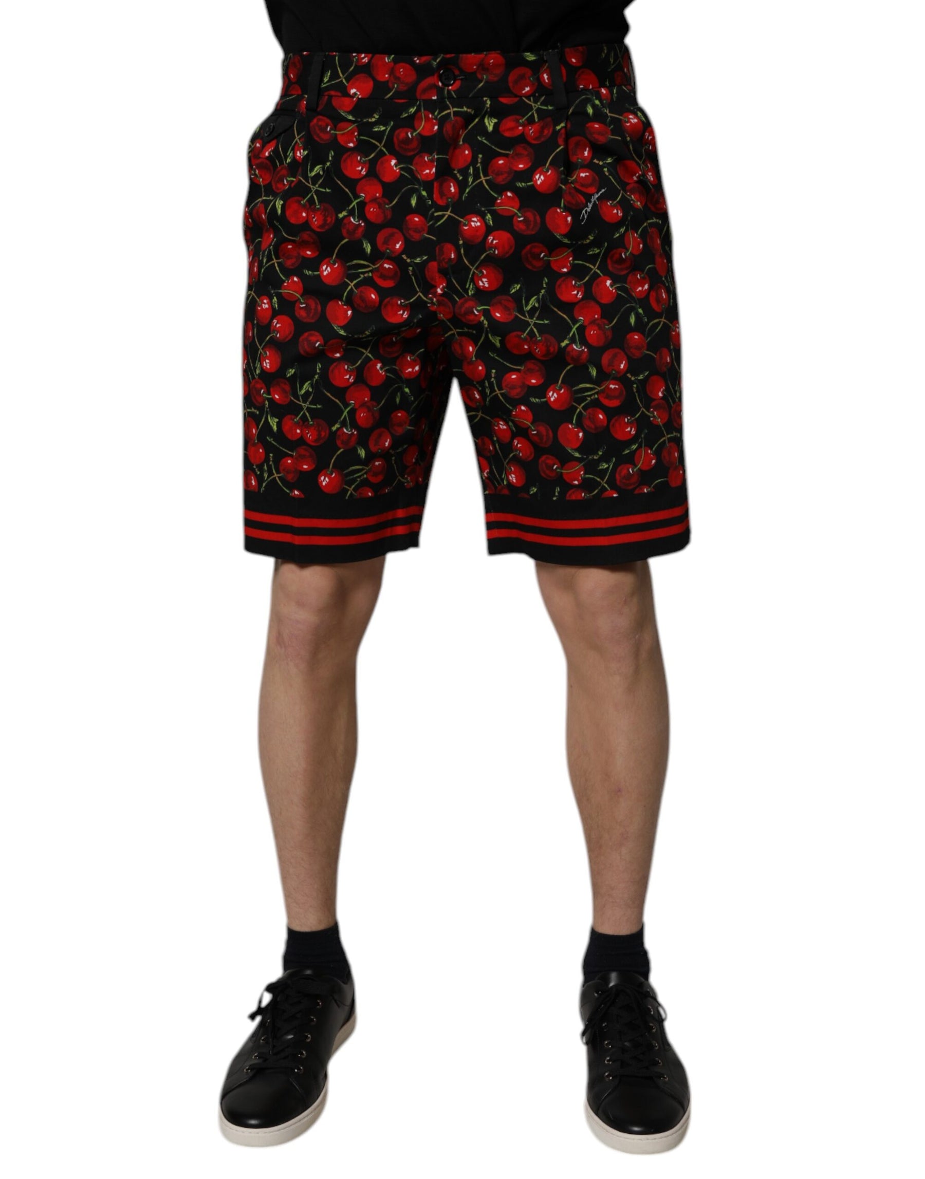 Dolce & Gabbana Black Red Cherry Print Bermuda Cotton Shorts | Regal Royce