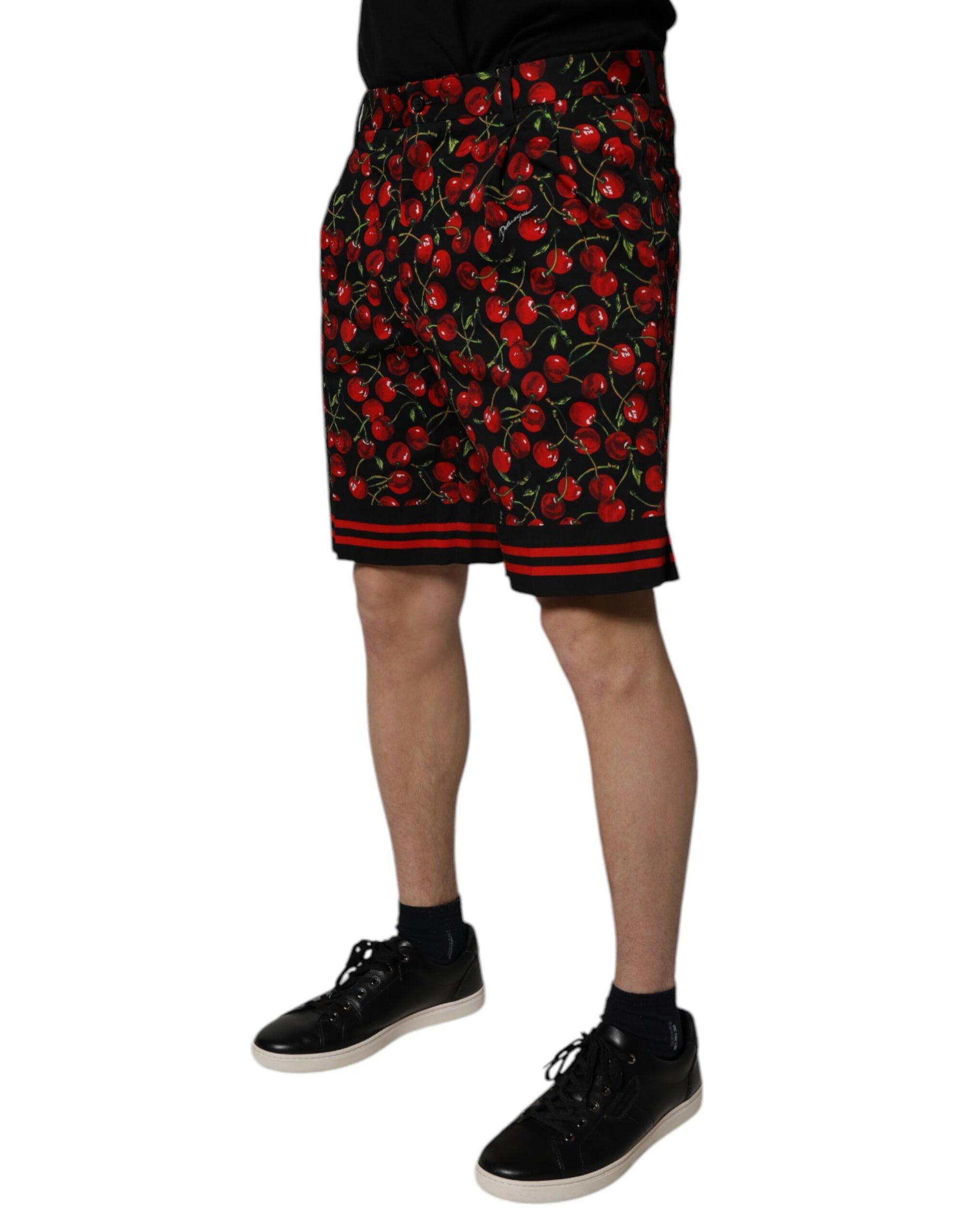 Dolce & Gabbana Black Red Cherry Print Bermuda Cotton Shorts | Regal Royce