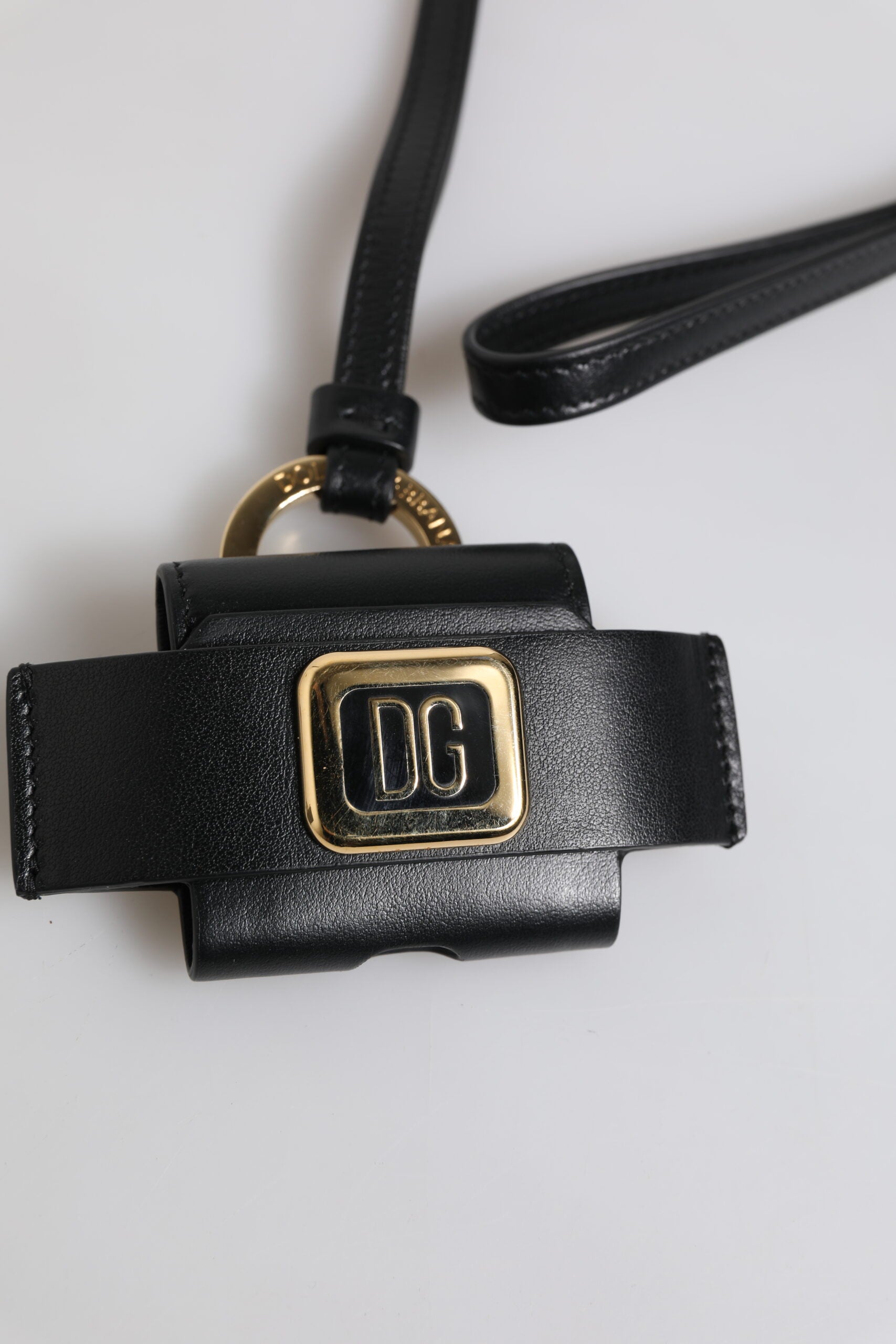 Dolce & Gabbana Black Leather Strap Gold Metal Logo Plaque Airpods Case | Regal Royce