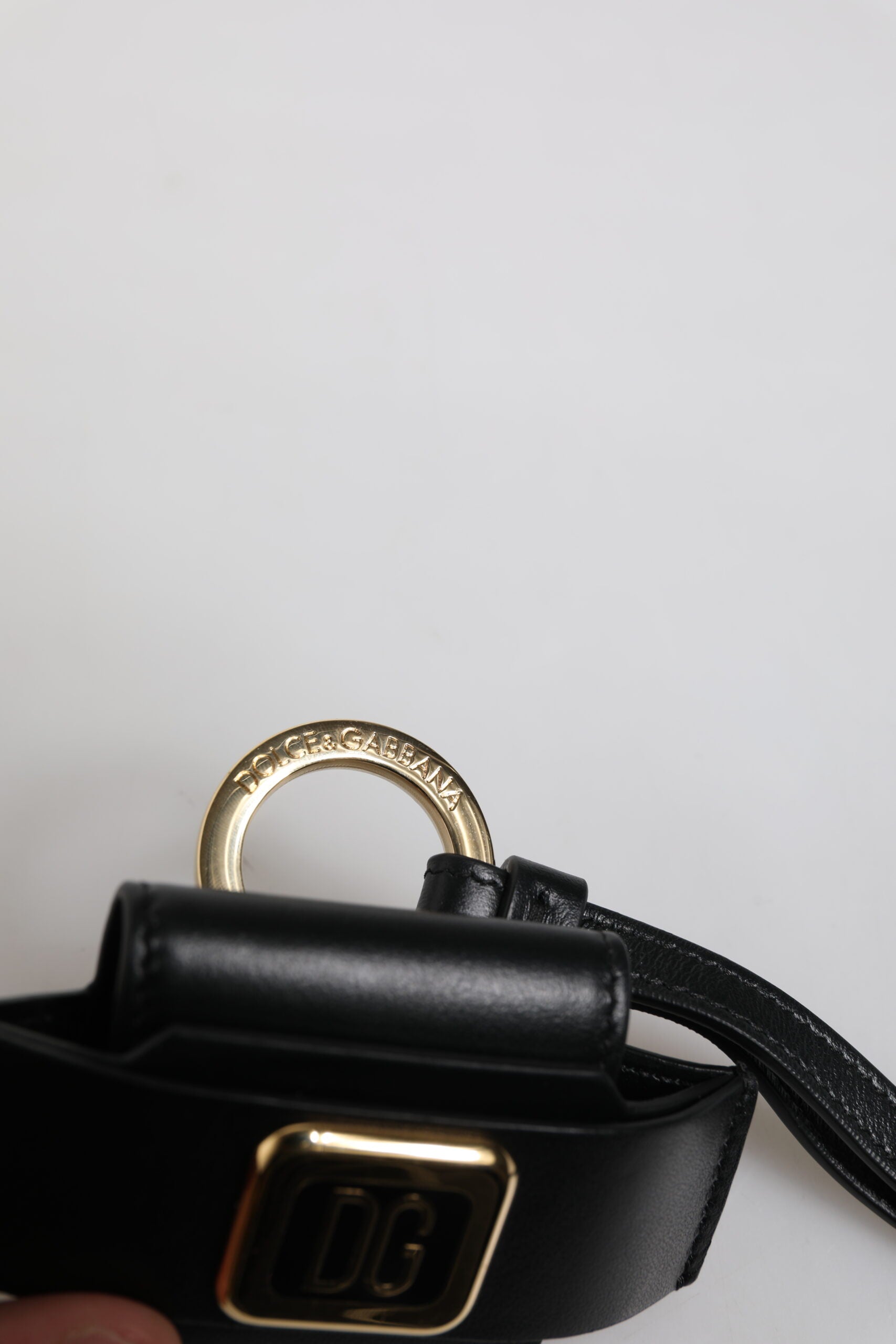 Dolce & Gabbana Black Leather Strap Gold Metal Logo Plaque Airpods Case | Regal Royce