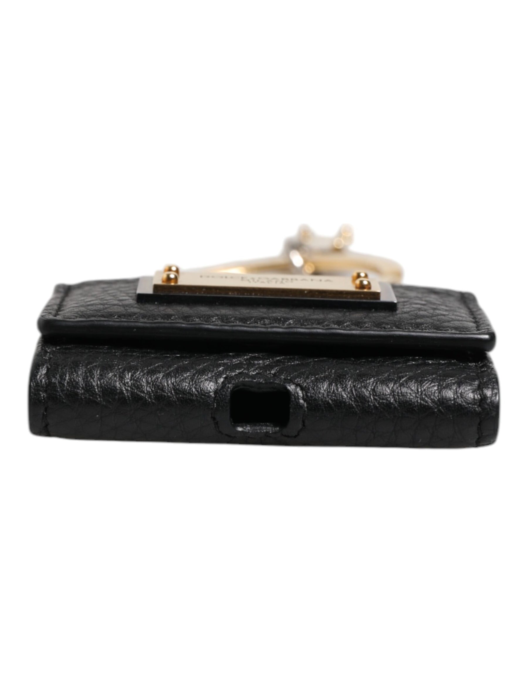 Dolce & Gabbana Black Leather Strap Gold Metal Logo Plaque Airpods Case | Regal Royce