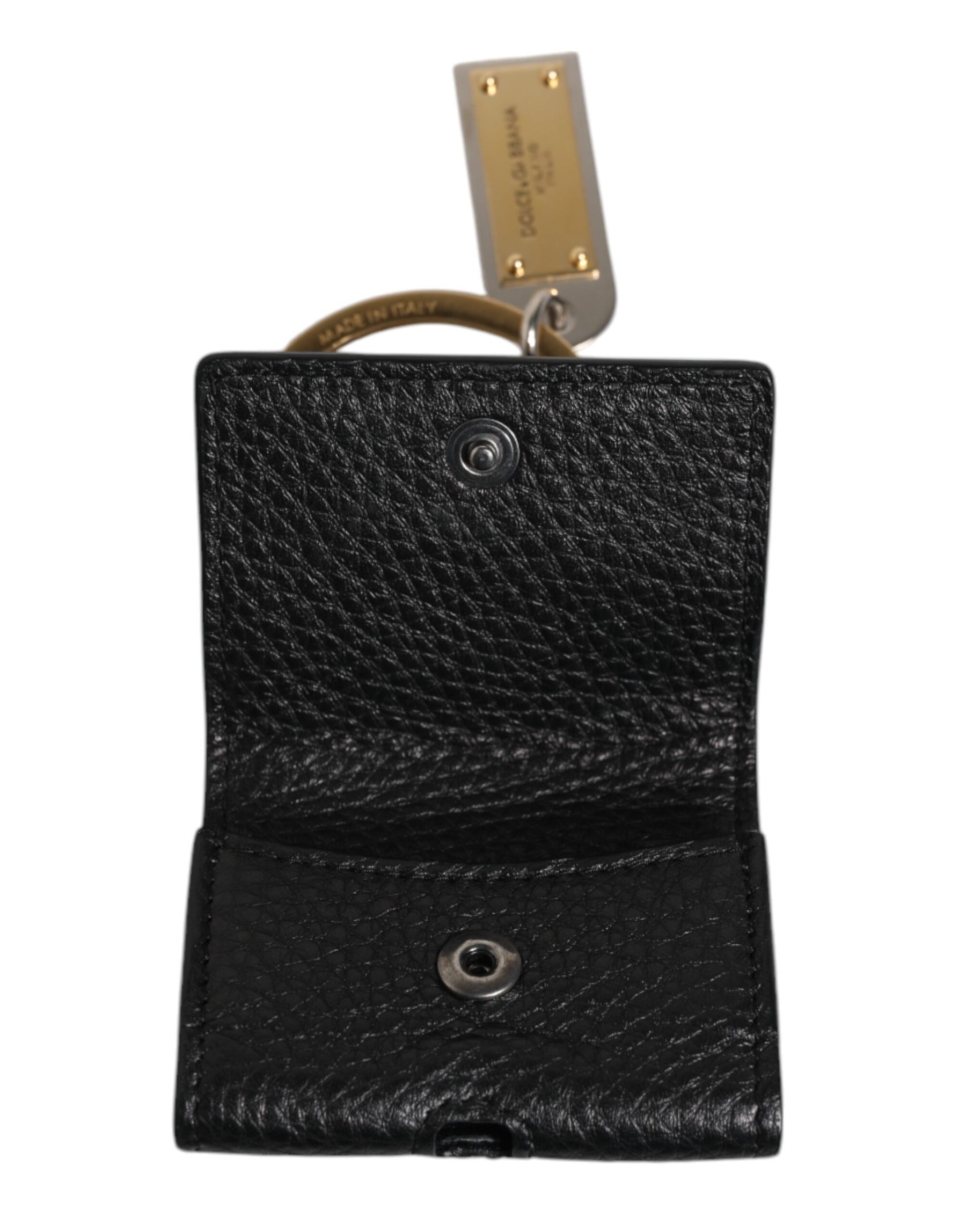 Dolce & Gabbana Black Leather Strap Gold Metal Logo Plaque Airpods Case | Regal Royce