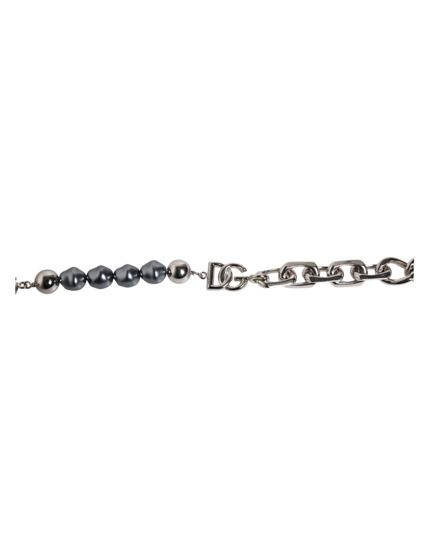Dolce & Gabbana Silver Tone Chain Lobster Clasp Logo Gray Pearls Bracelet | Regal Royce