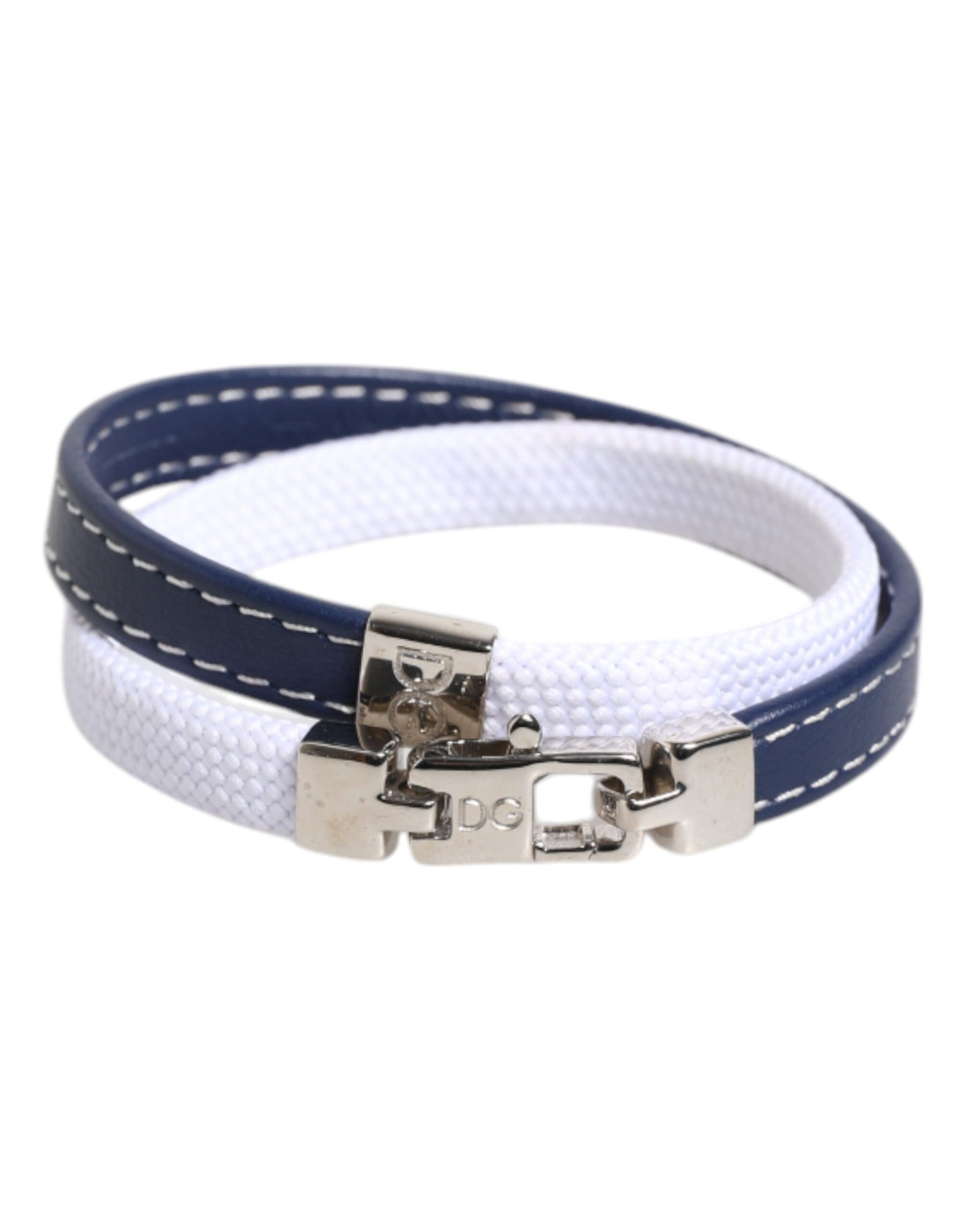 Dolce & Gabbana Blue White Leather Trimmed DG Engraved Silver Tone Clasp Bracelet | Regal Royce