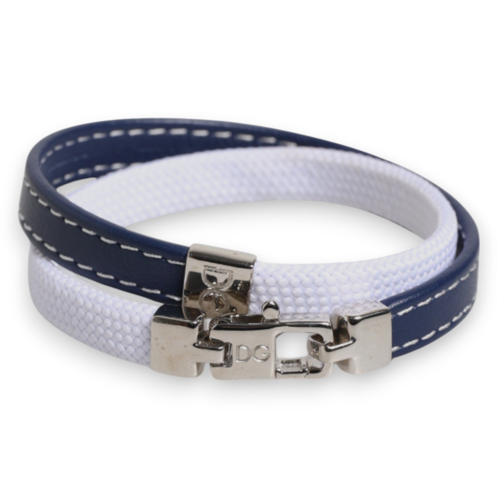 Dolce & Gabbana Blue White Leather Trimmed DG Engraved Silver Tone Clasp Bracelet | Regal Royce
