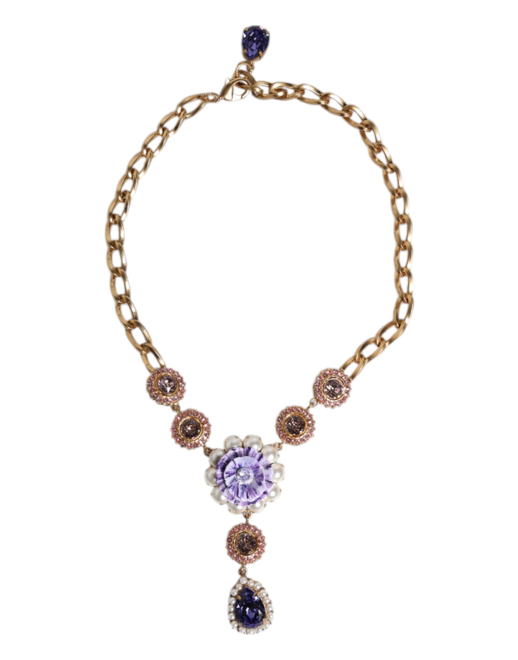 Dolce & Gabbana Gold Brass Floral Crystals Pearl Embellished Necklace | Regal Royce