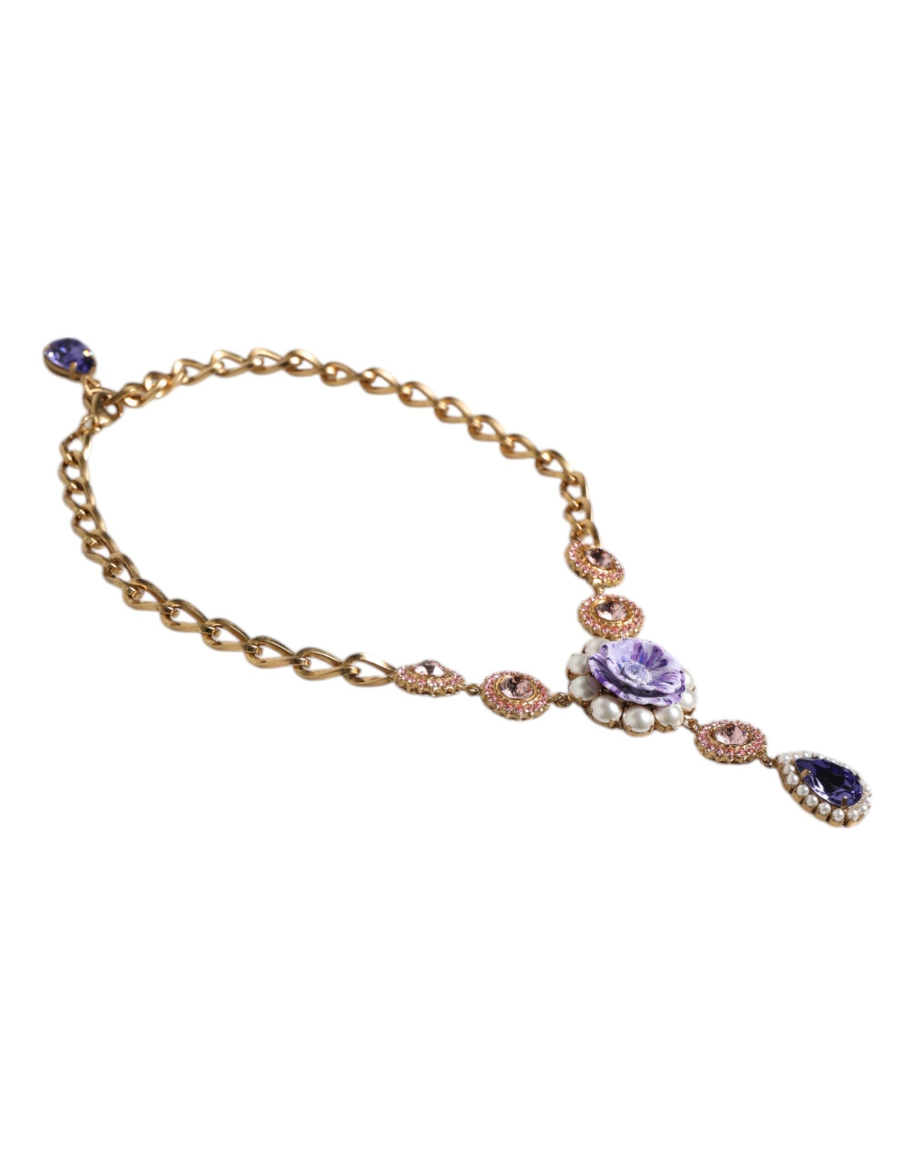 Dolce & Gabbana Gold Brass Floral Crystals Pearl Embellished Necklace | Regal Royce
