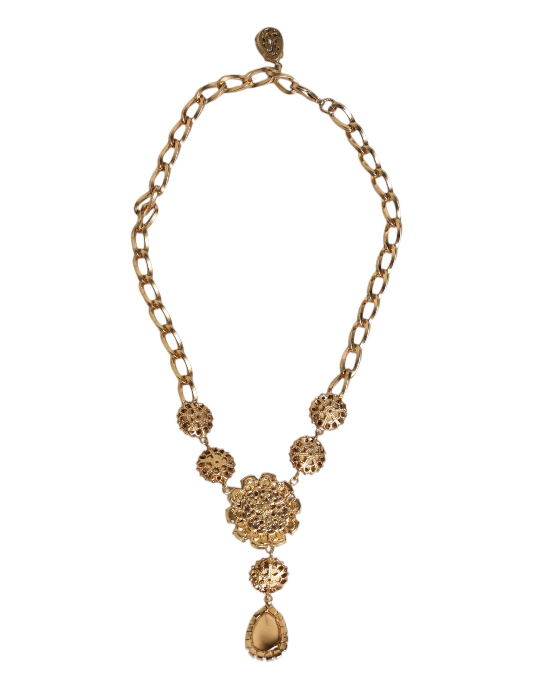 Dolce & Gabbana Gold Brass Floral Crystals Pearl Embellished Necklace | Regal Royce