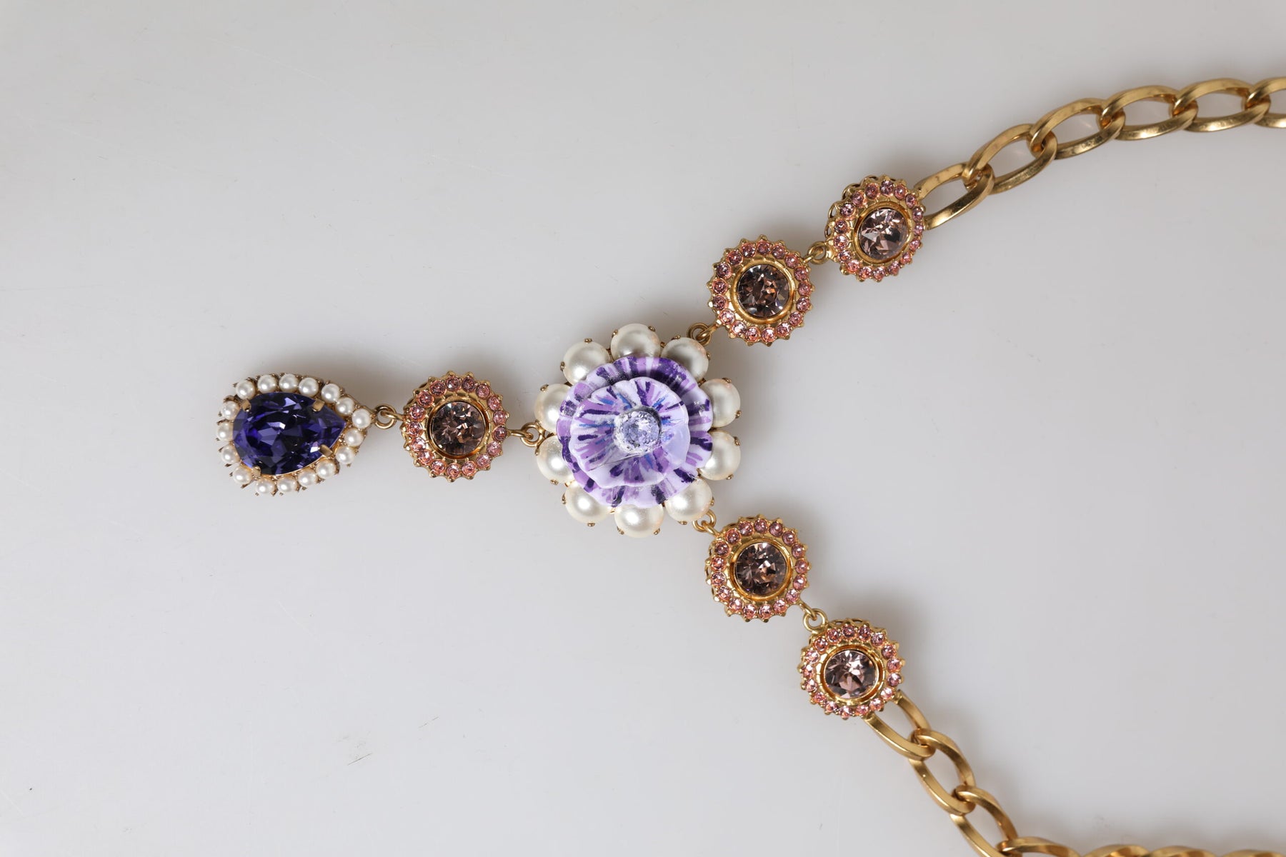 Dolce & Gabbana Gold Brass Floral Crystals Pearl Embellished Necklace | Regal Royce