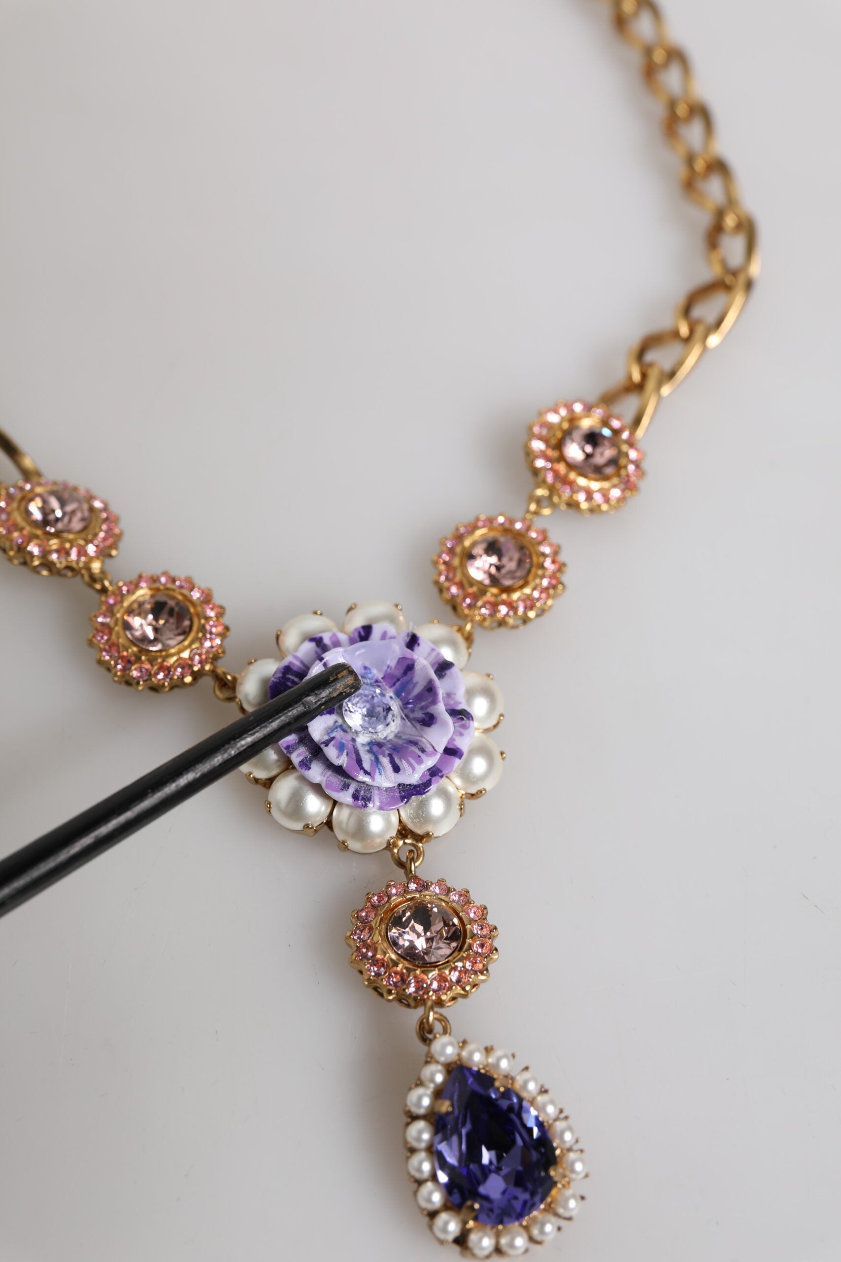 Dolce & Gabbana Gold Brass Floral Crystals Pearl Embellished Necklace | Regal Royce