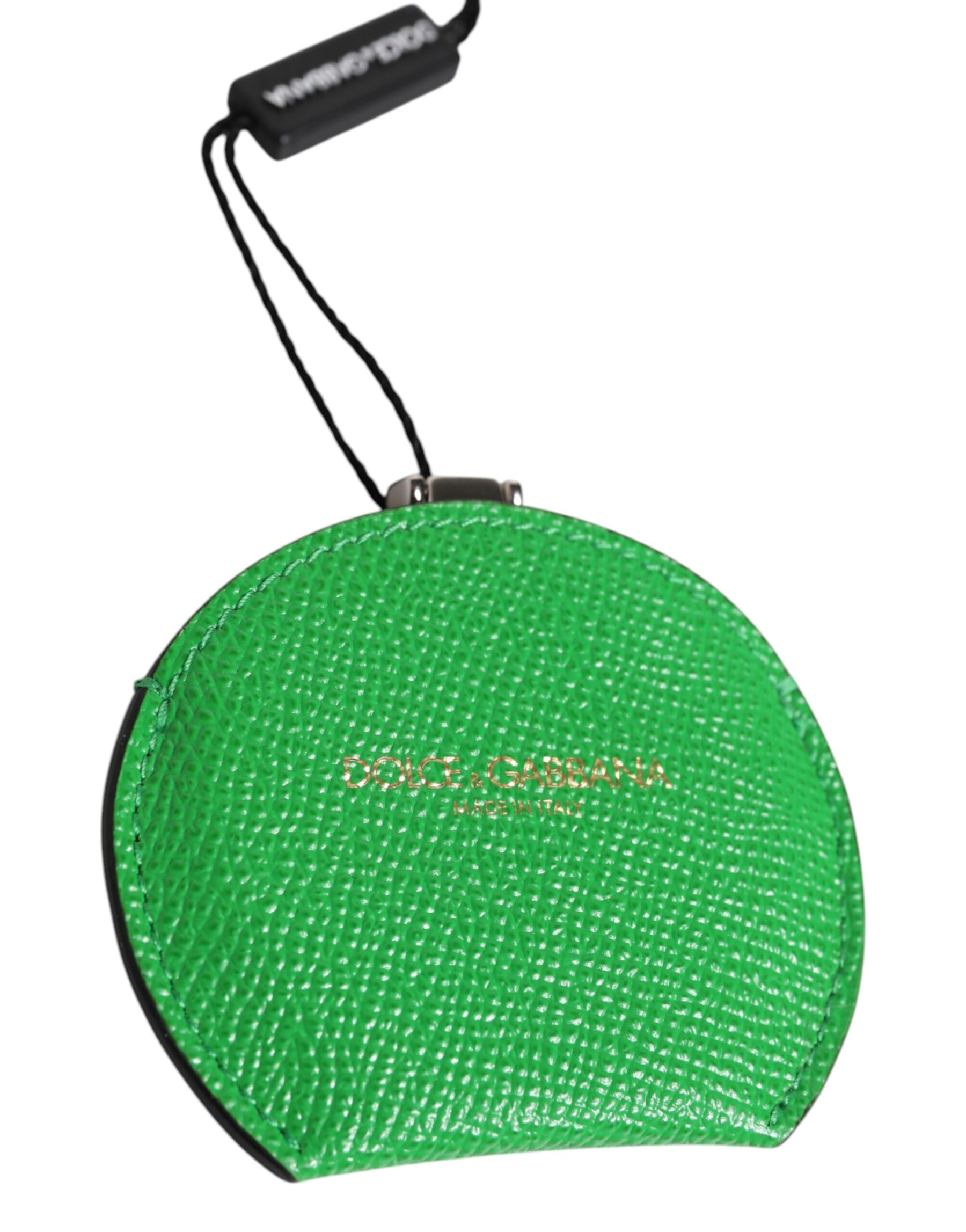 Dolce & Gabbana Green Calfskin Leather Round Logo Hand Mirror Holder | Regal Royce