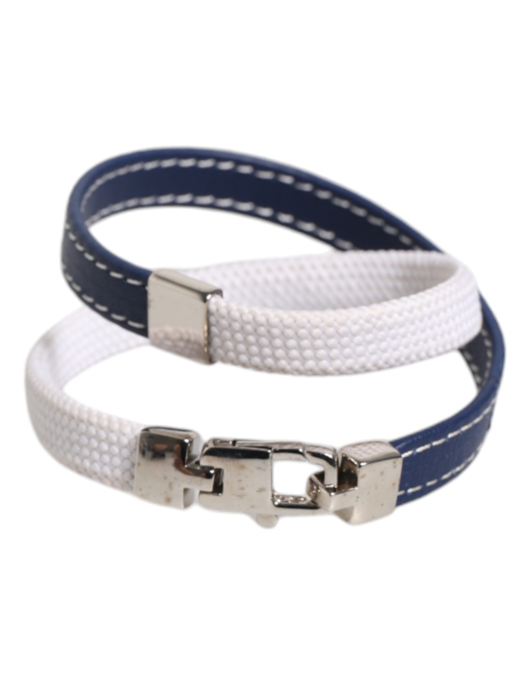 Dolce & Gabbana Blue White Leather Trimmed DG Engraved Silver Tone Clasp Bracelet | Regal Royce