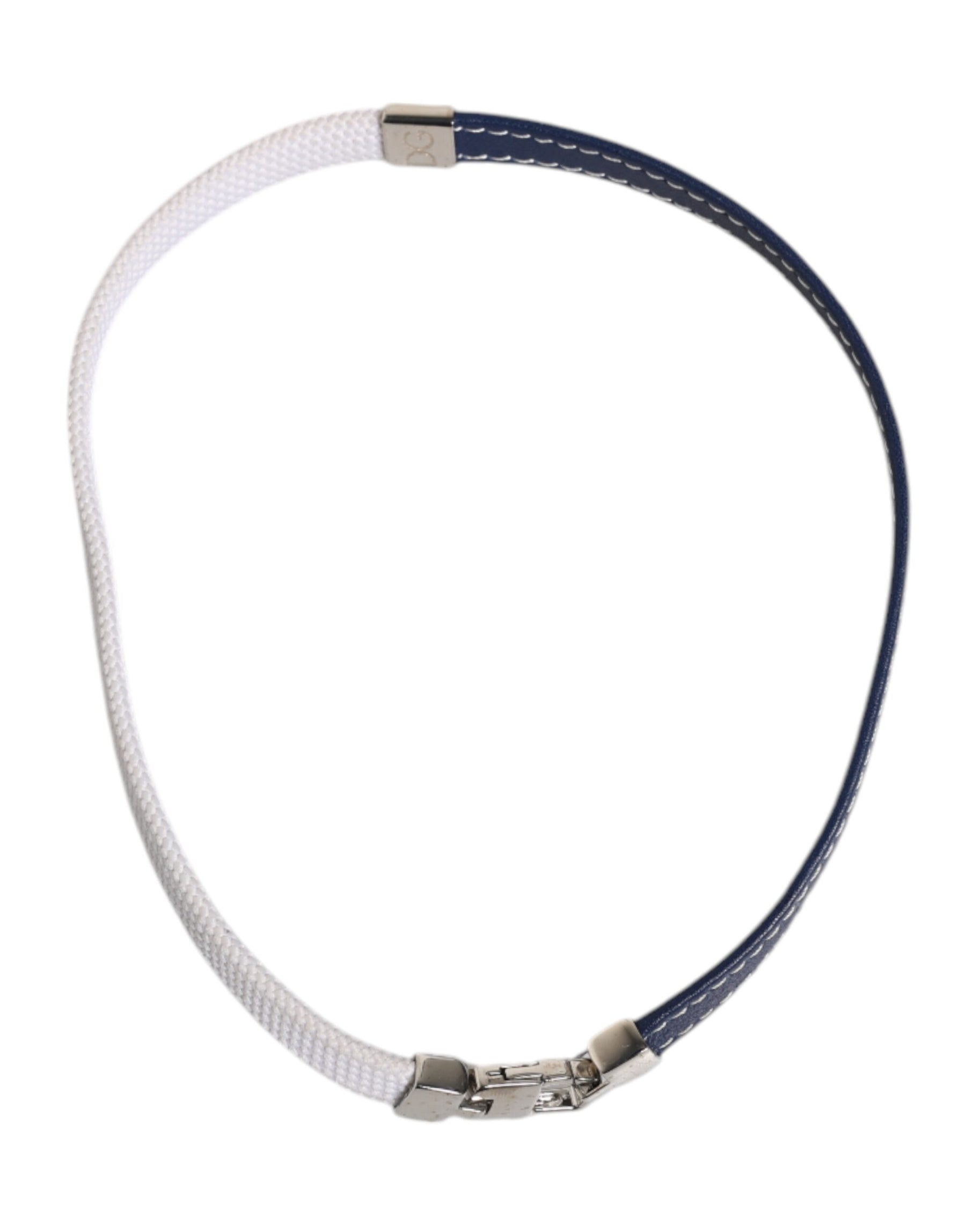 Dolce & Gabbana Blue White Leather Trimmed DG Engraved Silver Tone Clasp Bracelet | Regal Royce
