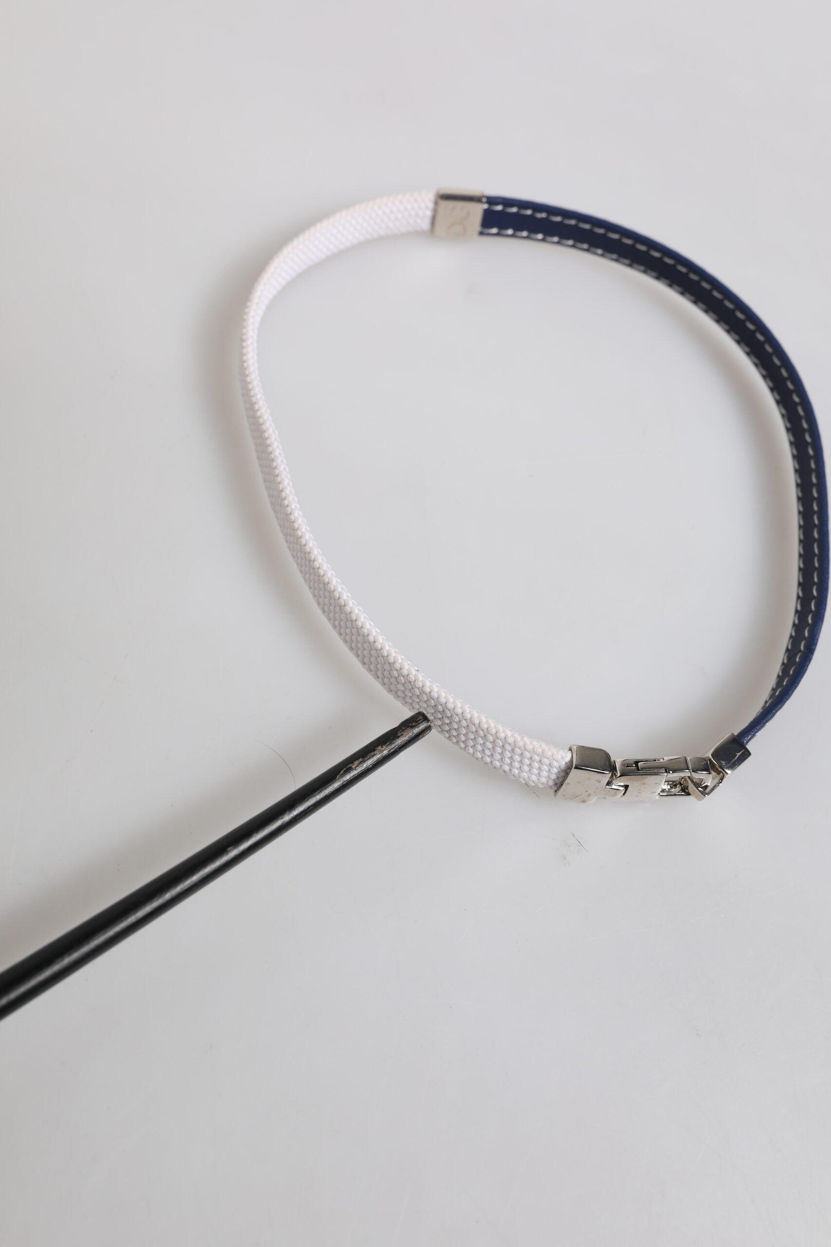Dolce & Gabbana Blue White Leather Trimmed DG Engraved Silver Tone Clasp Bracelet | Regal Royce