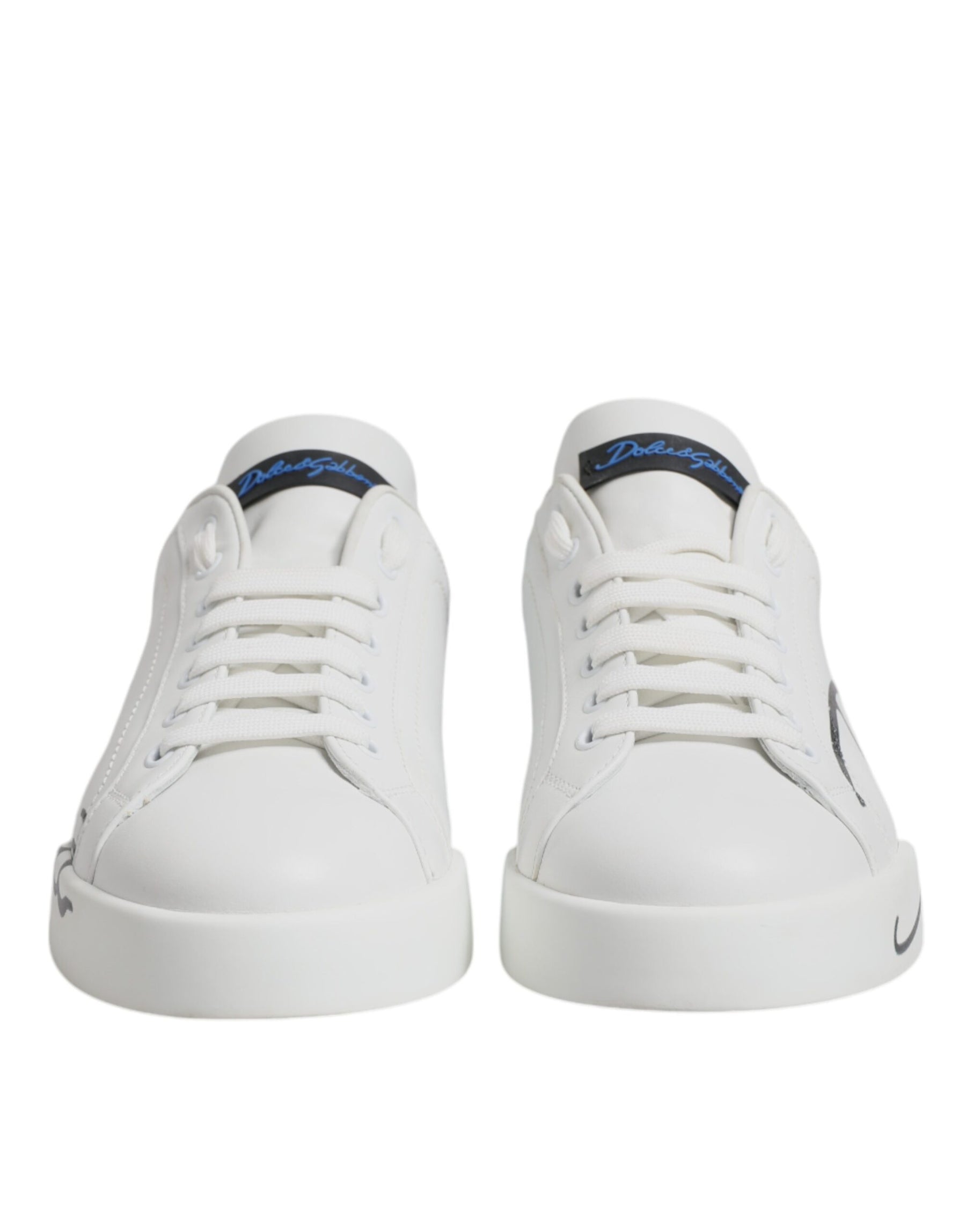 Dolce & Gabbana White Blue Leather Logo Low Top Sneakers Shoes | Regal Royce