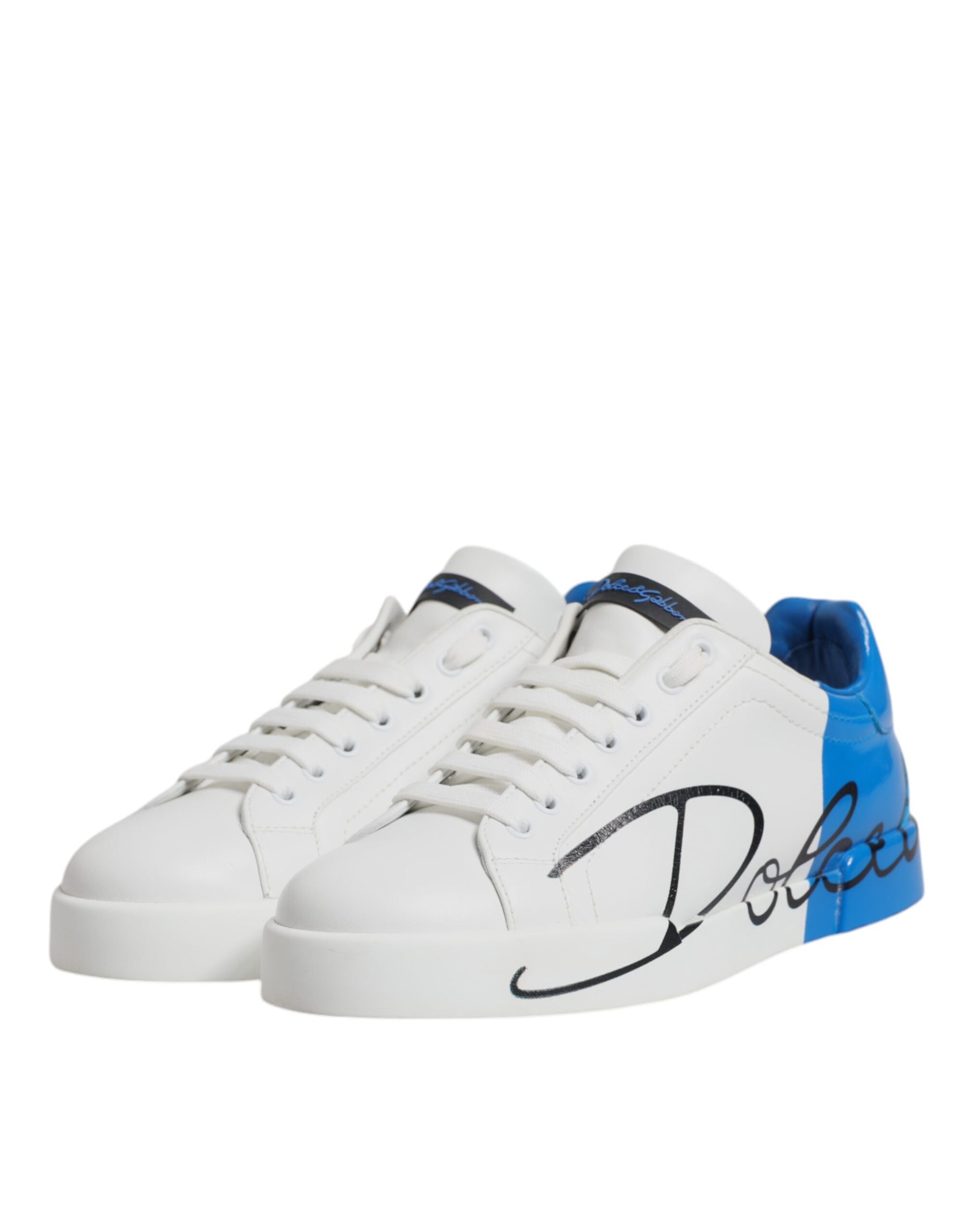 Dolce & Gabbana White Blue Leather Logo Low Top Sneakers Shoes | Regal Royce