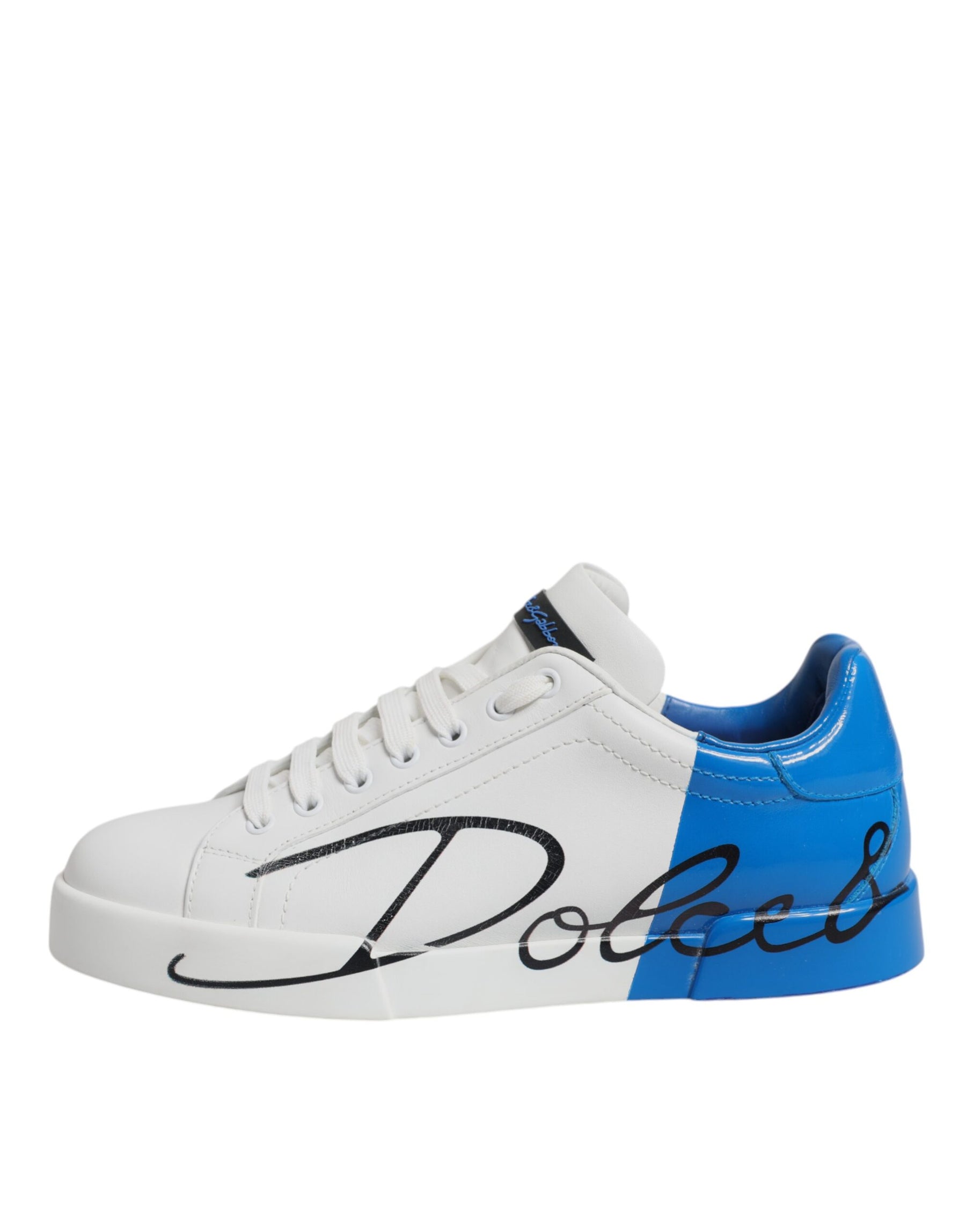 Dolce & Gabbana White Blue Leather Logo Low Top Sneakers Shoes | Regal Royce