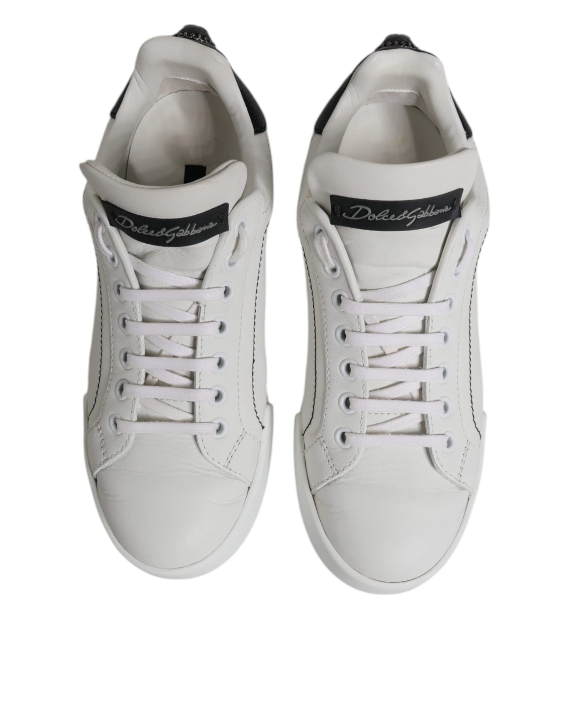Dolce & Gabbana White Black Leather Low Top Sneakers Shoes | Regal Royce