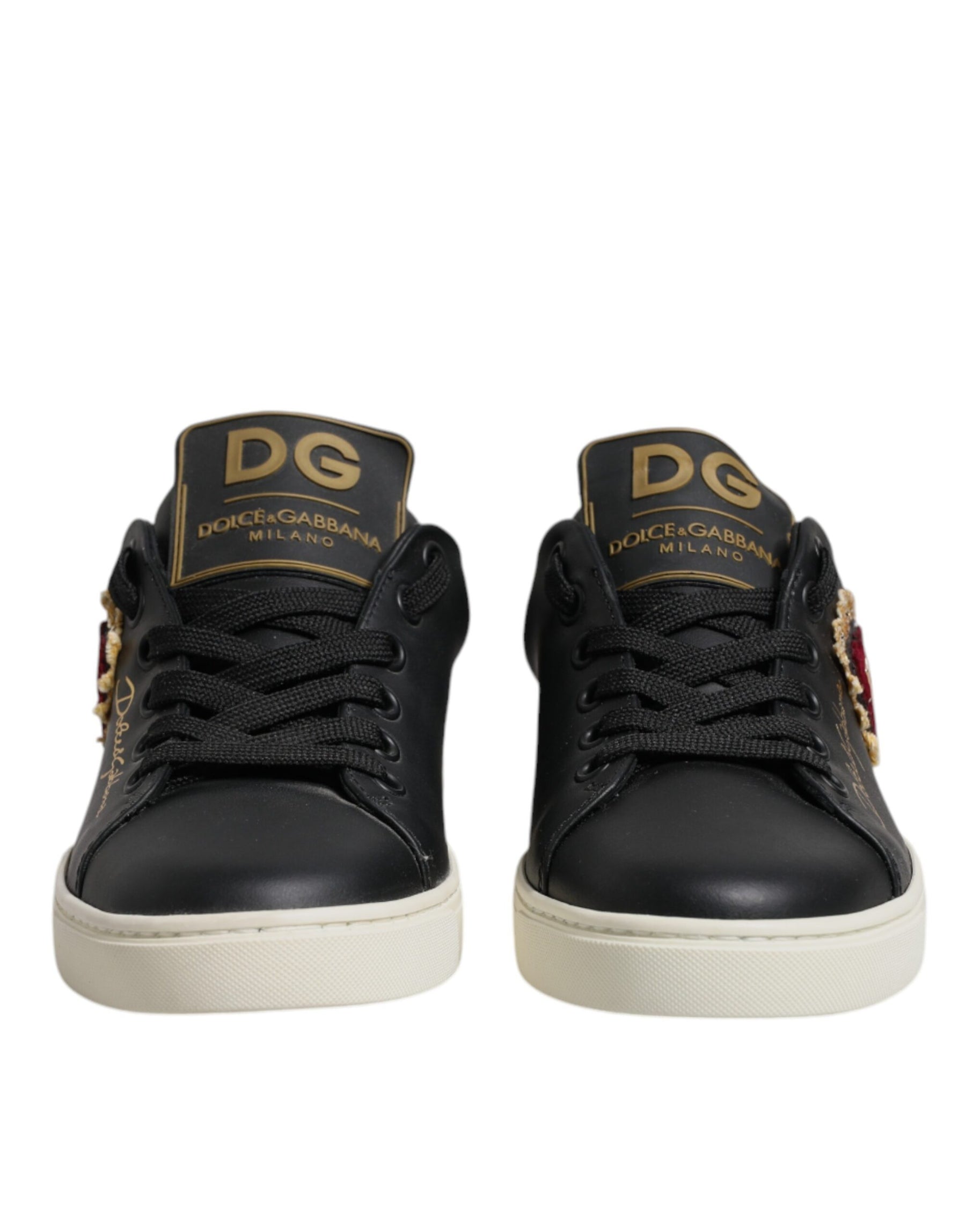Dolce & Gabbana Black Leather Gold Red Heart Sneakers Shoes | Regal Royce