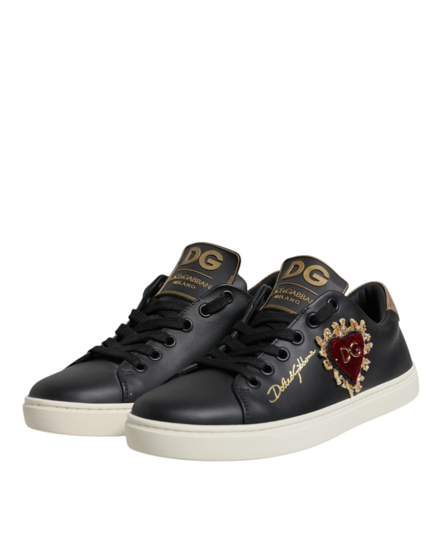 Dolce & Gabbana Black Leather Gold Red Heart Sneakers Shoes | Regal Royce