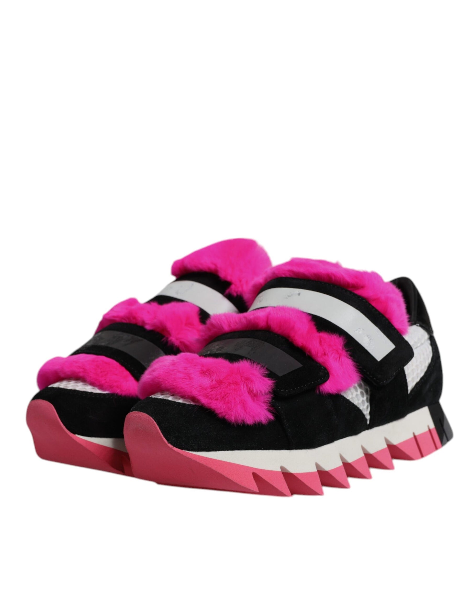 Dolce & Gabbana Black Pink Fur Embellished Sneakers Shoes | Regal Royce