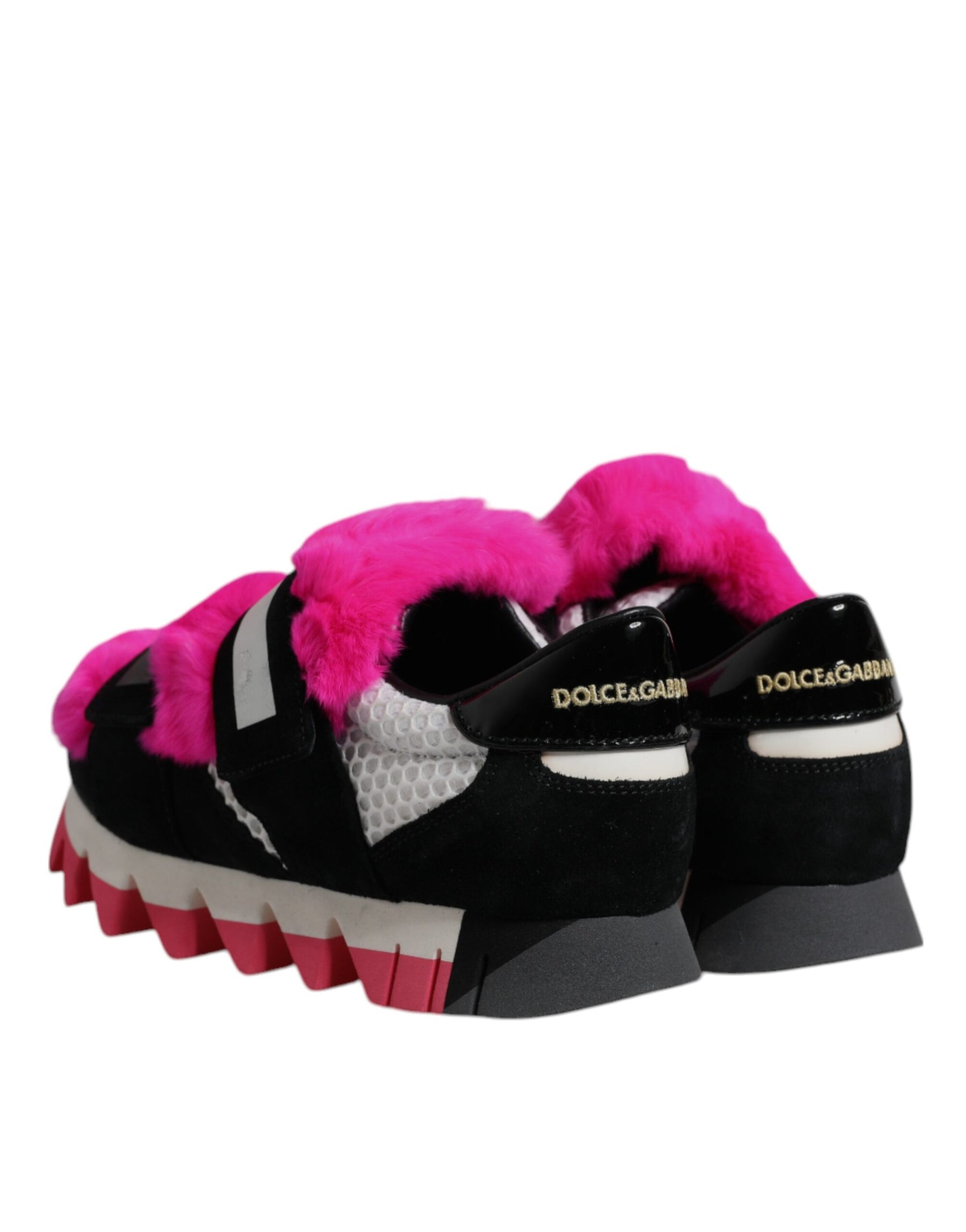 Dolce & Gabbana Black Pink Fur Embellished Sneakers Shoes | Regal Royce