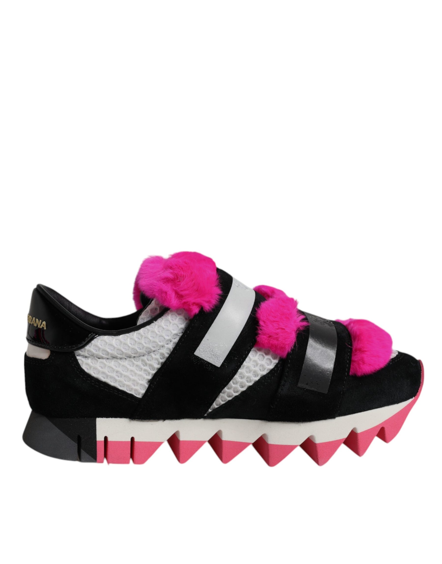 Dolce & Gabbana Black Pink Fur Embellished Sneakers Shoes | Regal Royce
