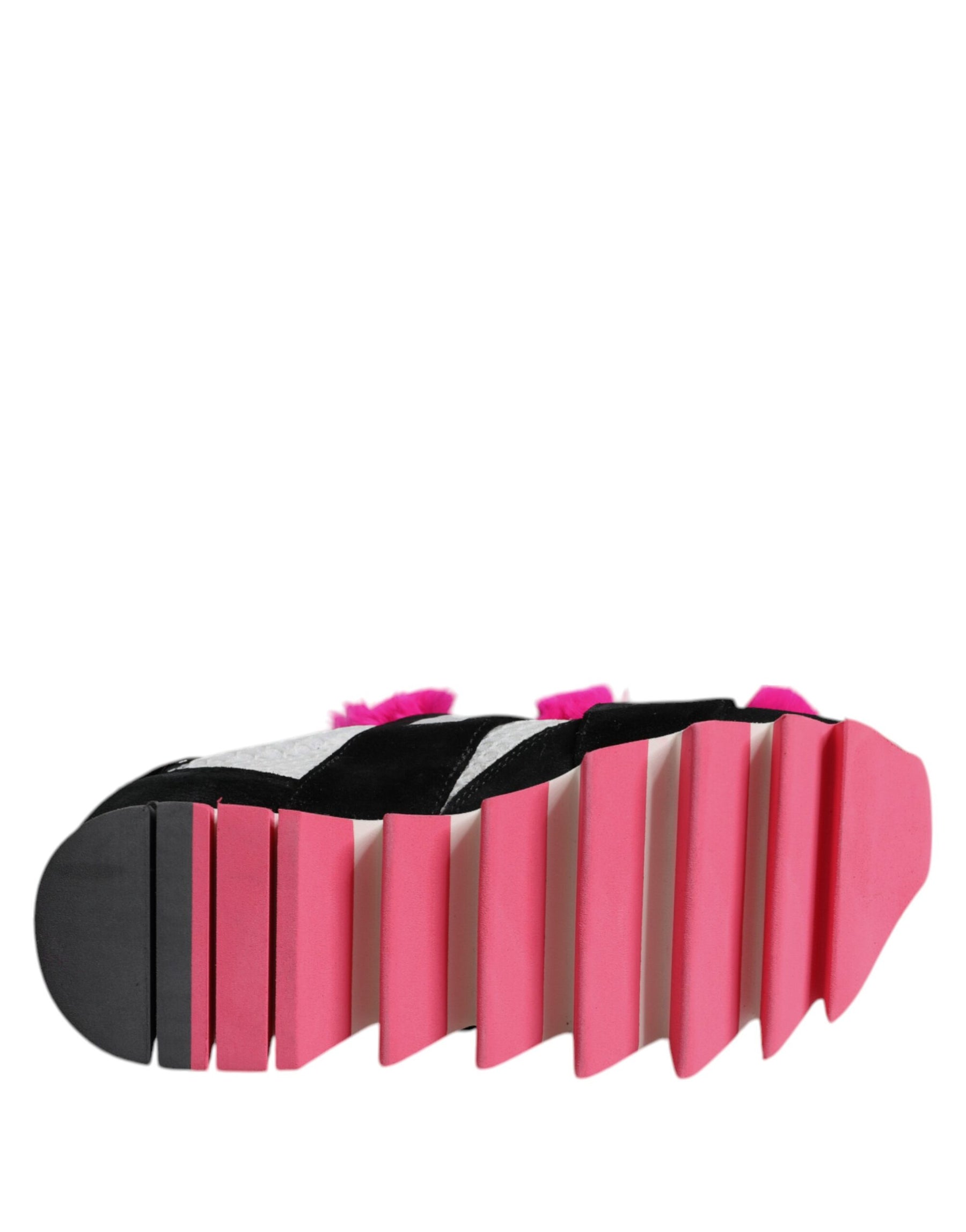 Dolce & Gabbana Black Pink Fur Embellished Sneakers Shoes | Regal Royce