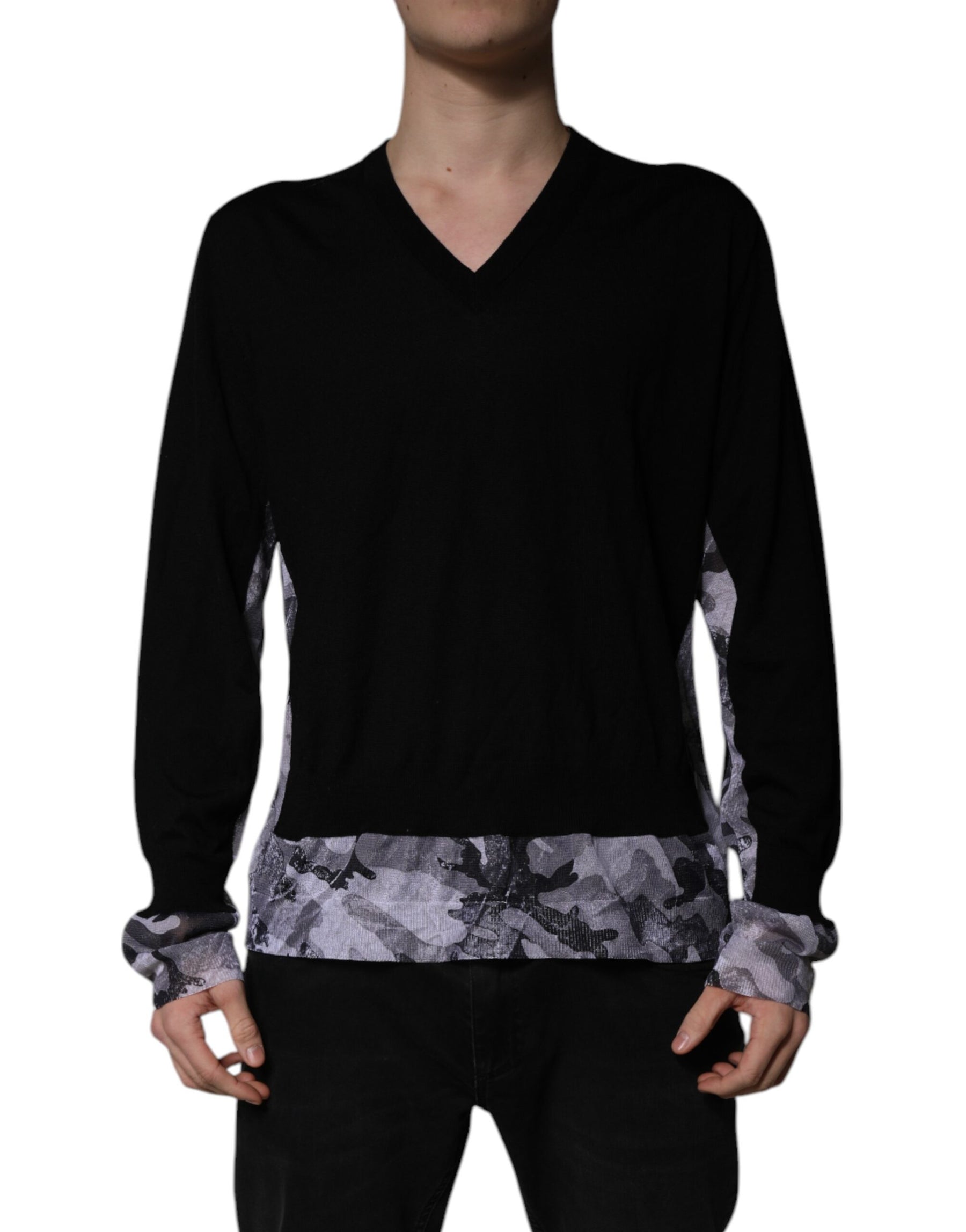 Dolce & Gabbana Black Camouflage V-neck Pullover Sweater | Regal Royce
