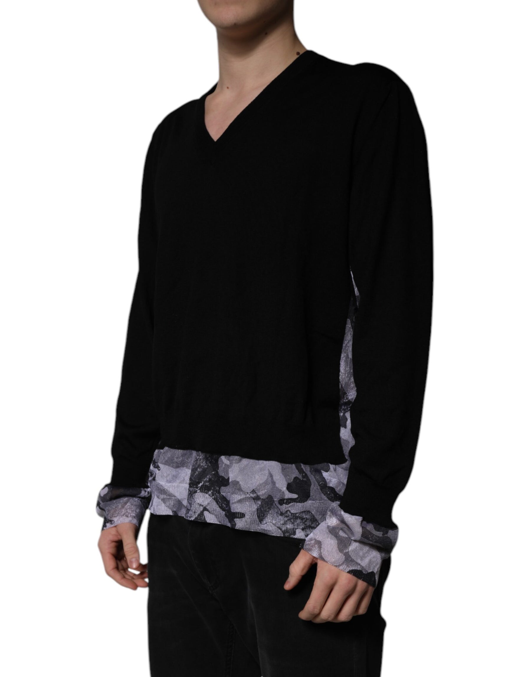 Dolce & Gabbana Black Camouflage V-neck Pullover Sweater | Regal Royce