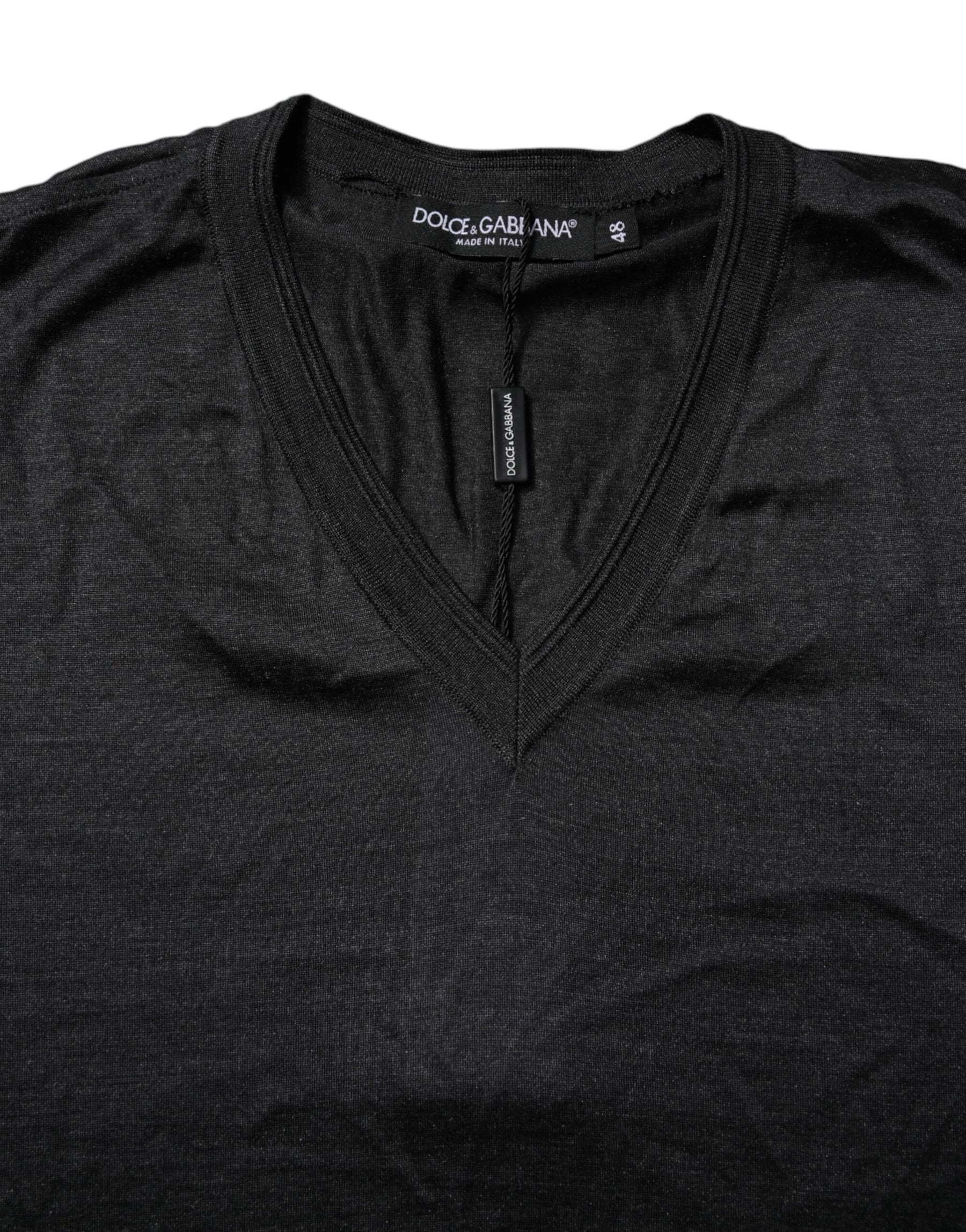 Dolce & Gabbana Dark Gray Silk V-neck Short Sleeves T-shirt | Regal Royce