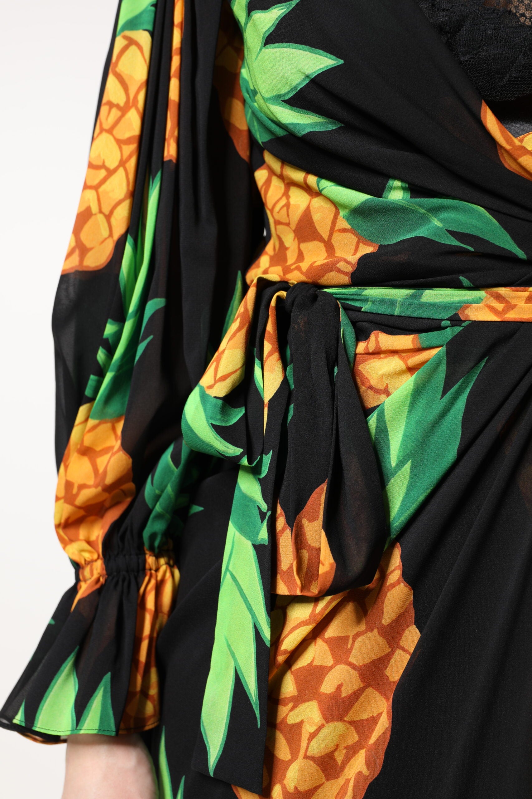Dolce & Gabbana Black Silk Pineapple Draped Print Wrap Dress | Regal Royce