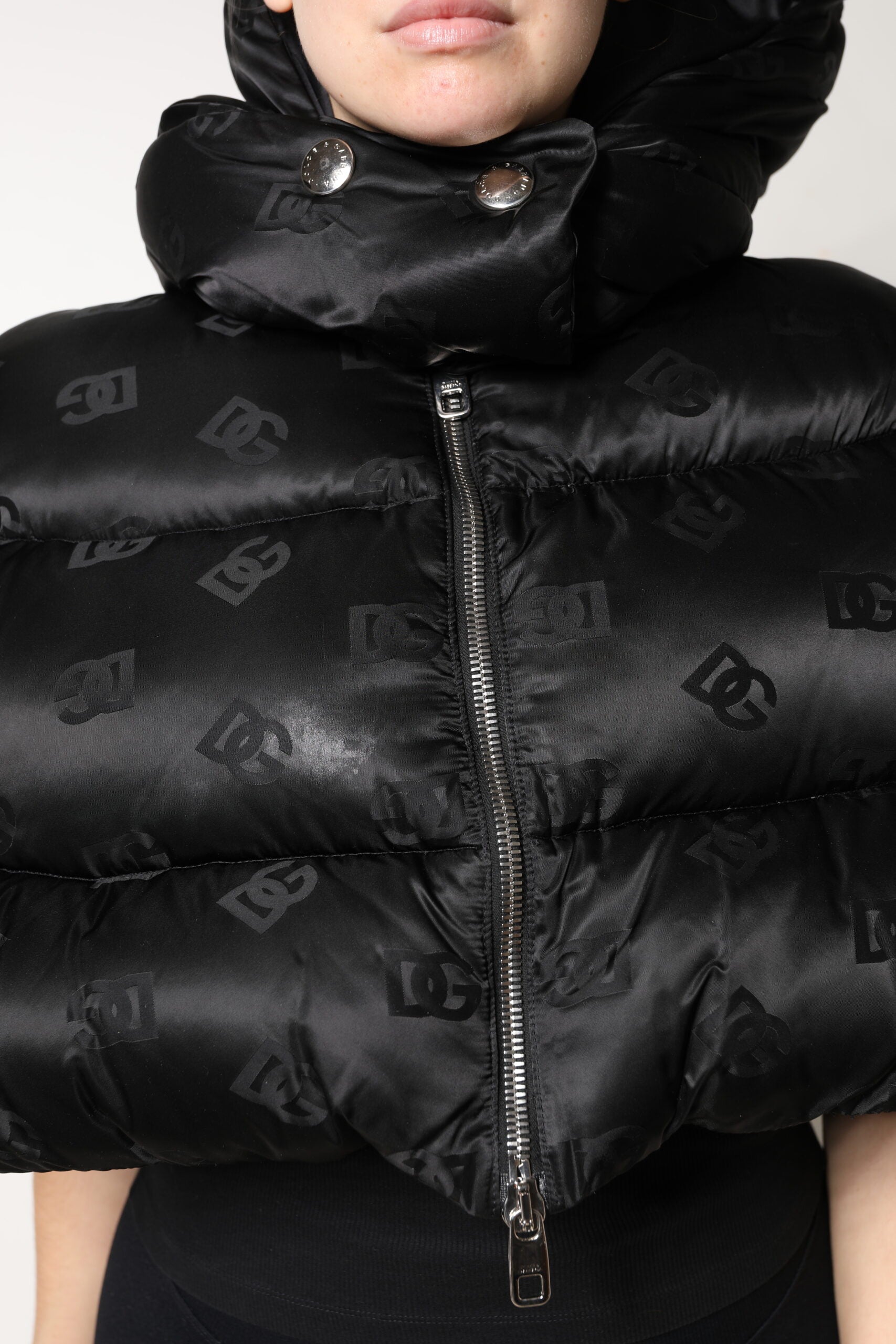 Dolce & Gabbana Black Padded Puffer Hooded Full Zip Cropped Jacket | Regal Royce