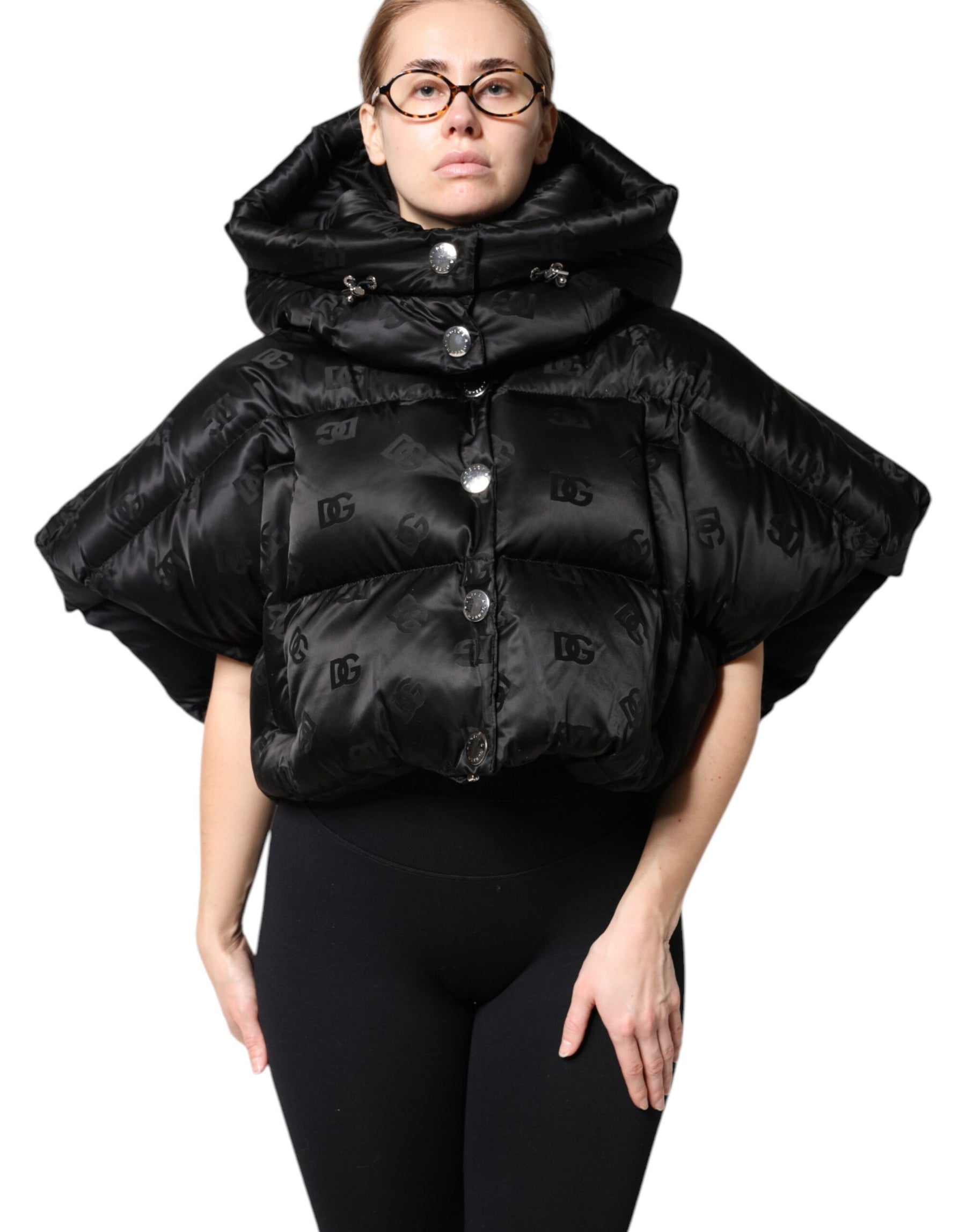 Dolce & Gabbana Black Padded Puffer Hooded Full Zip Cropped Jacket | Regal Royce