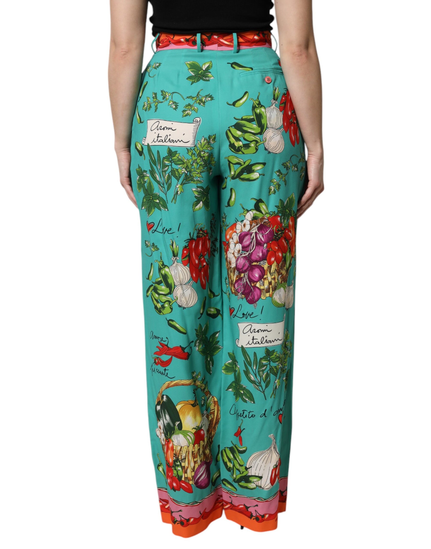 Dolce & Gabbana Green Silk Printed Straight Pants | Regal Royce
