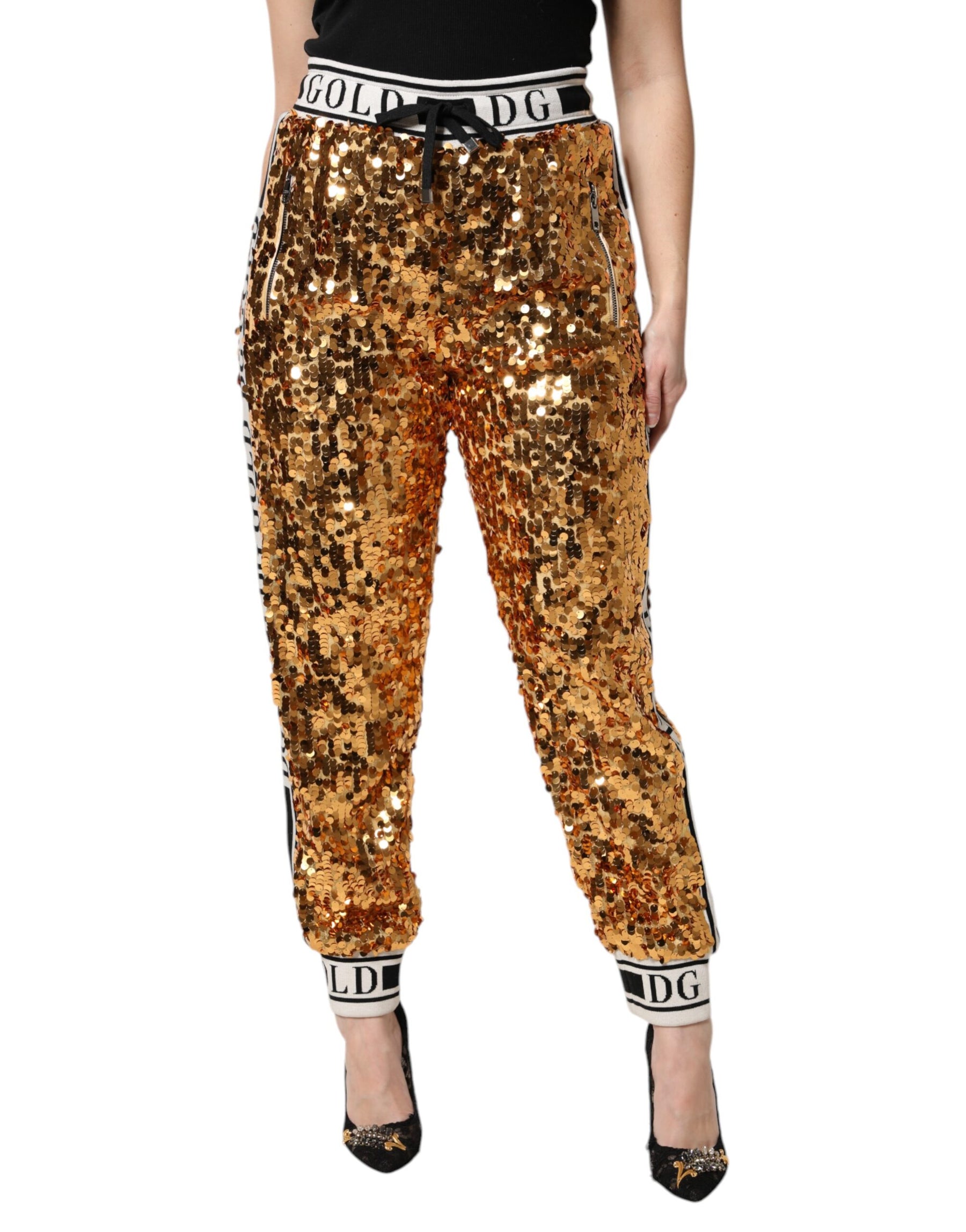 Dolce & Gabbana Metallic Gold DG Logo Sequined Jogger Pants | Regal Royce