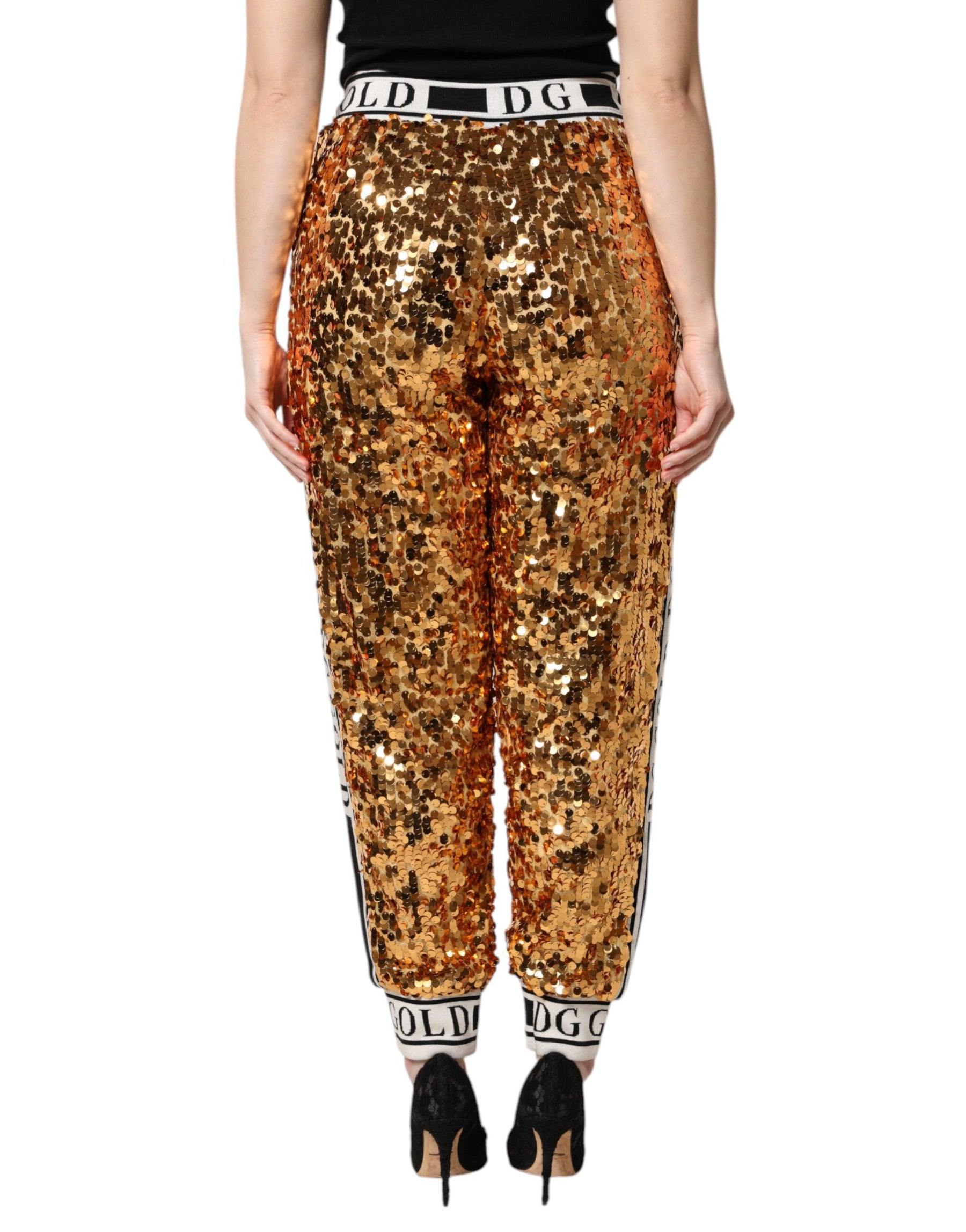 Dolce & Gabbana Metallic Gold DG Logo Sequined Jogger Pants | Regal Royce