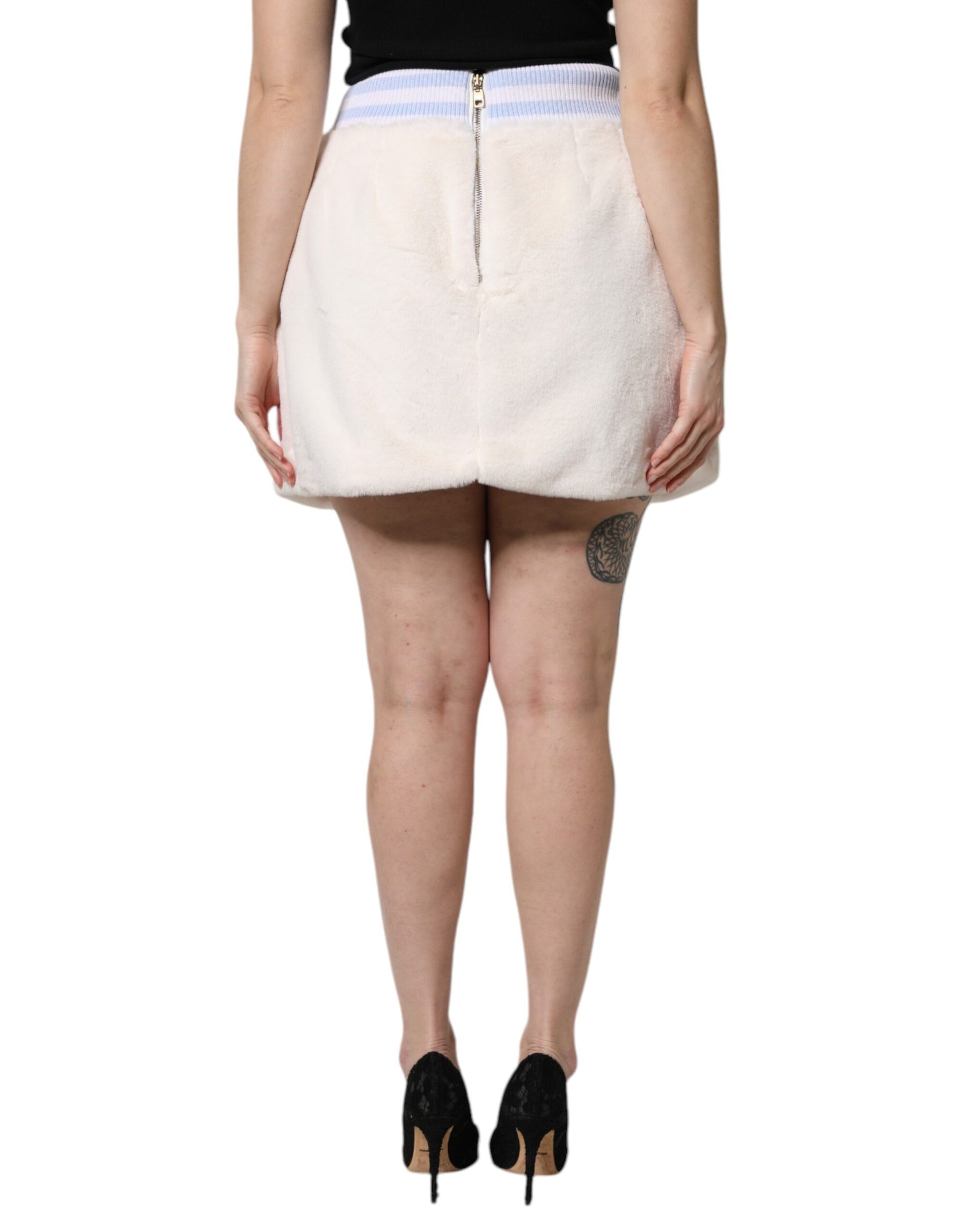 Dolce & Gabbana Off White Faux Fur High Waisted Mini Skirt | Regal Royce
