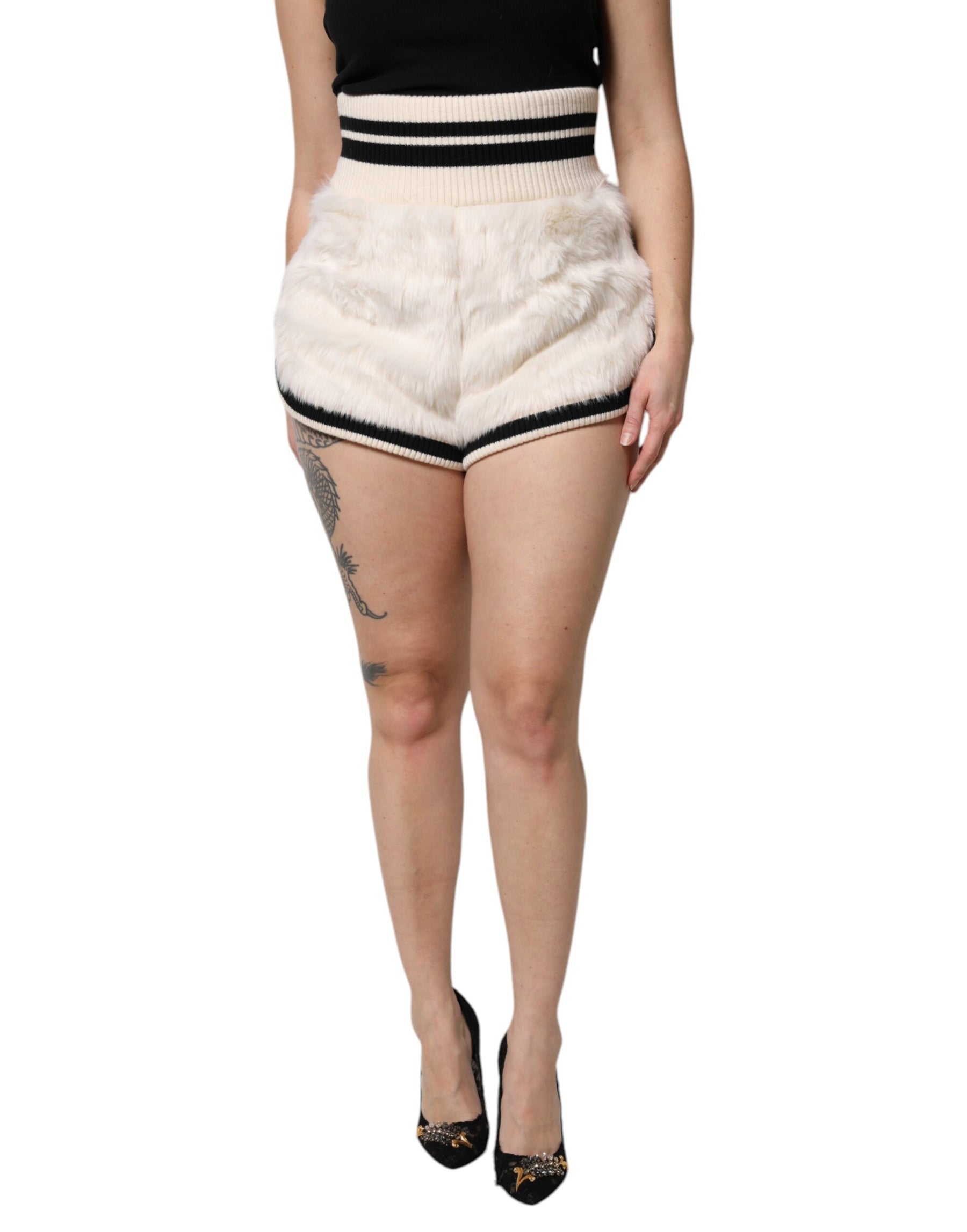 Dolce & Gabbana White Faux Fur High Waisted Hot Pants Short | Regal Royce