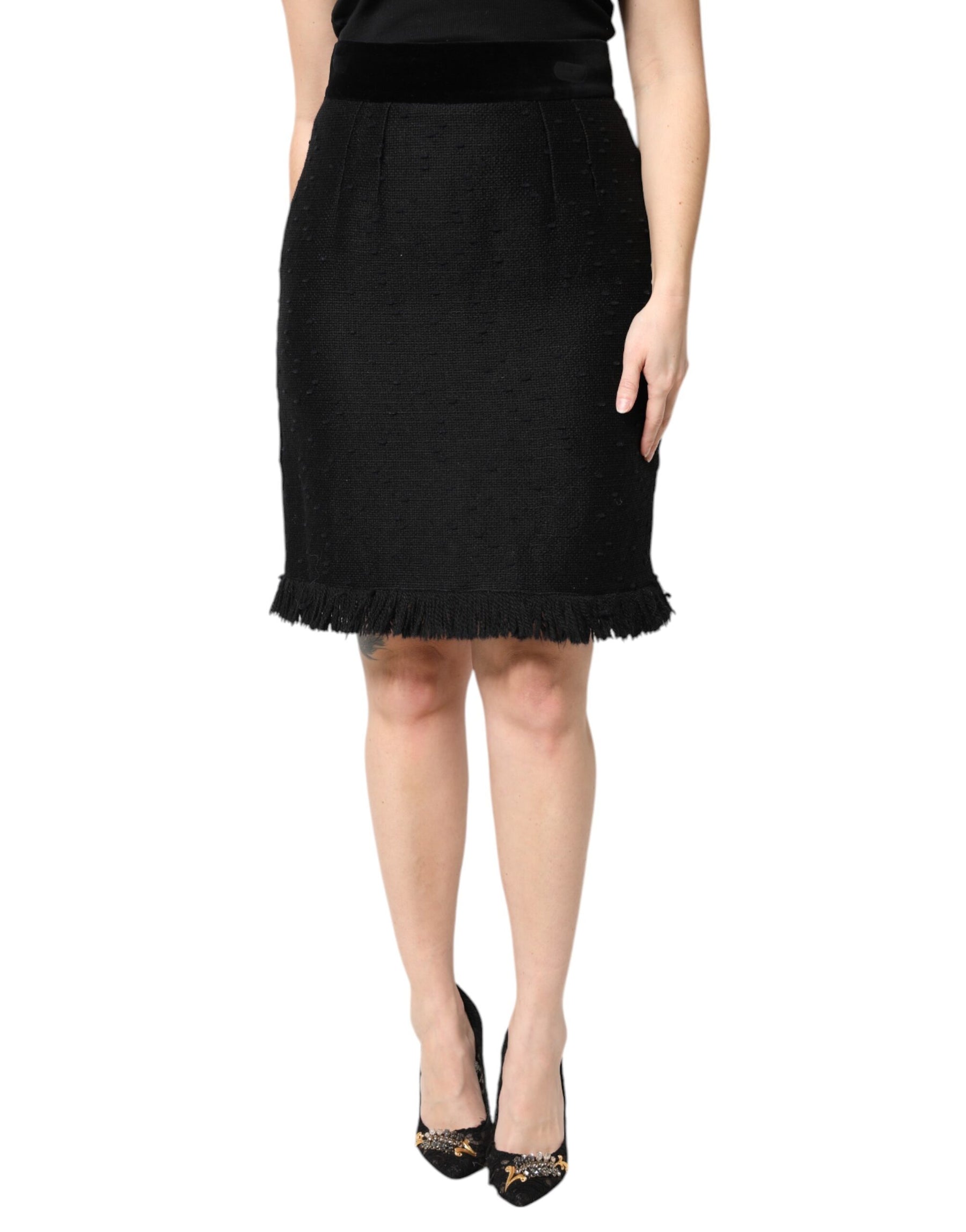 Dolce & Gabbana Black Wool Fringe High Waist Pencil Mini Skirt | Regal Royce