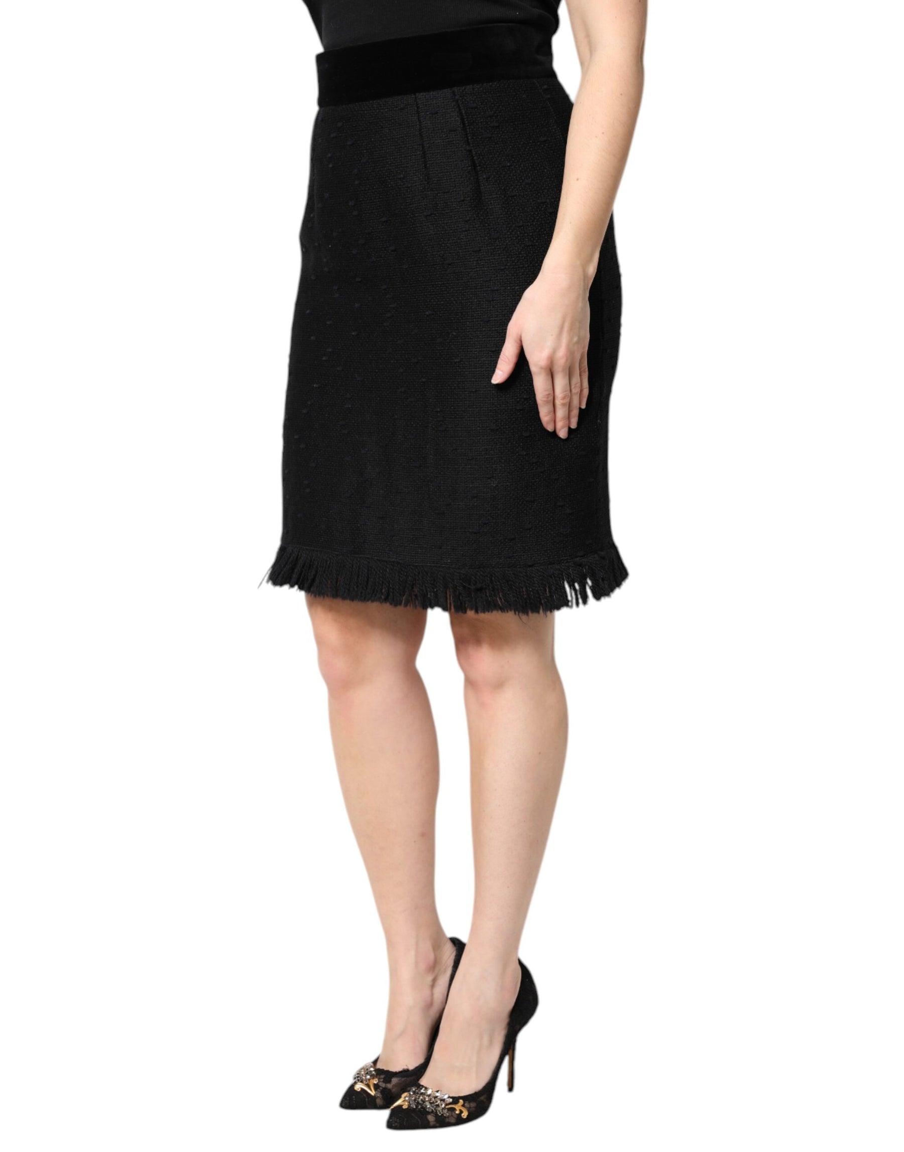 Dolce & Gabbana Black Wool Fringe High Waist Pencil Mini Skirt | Regal Royce