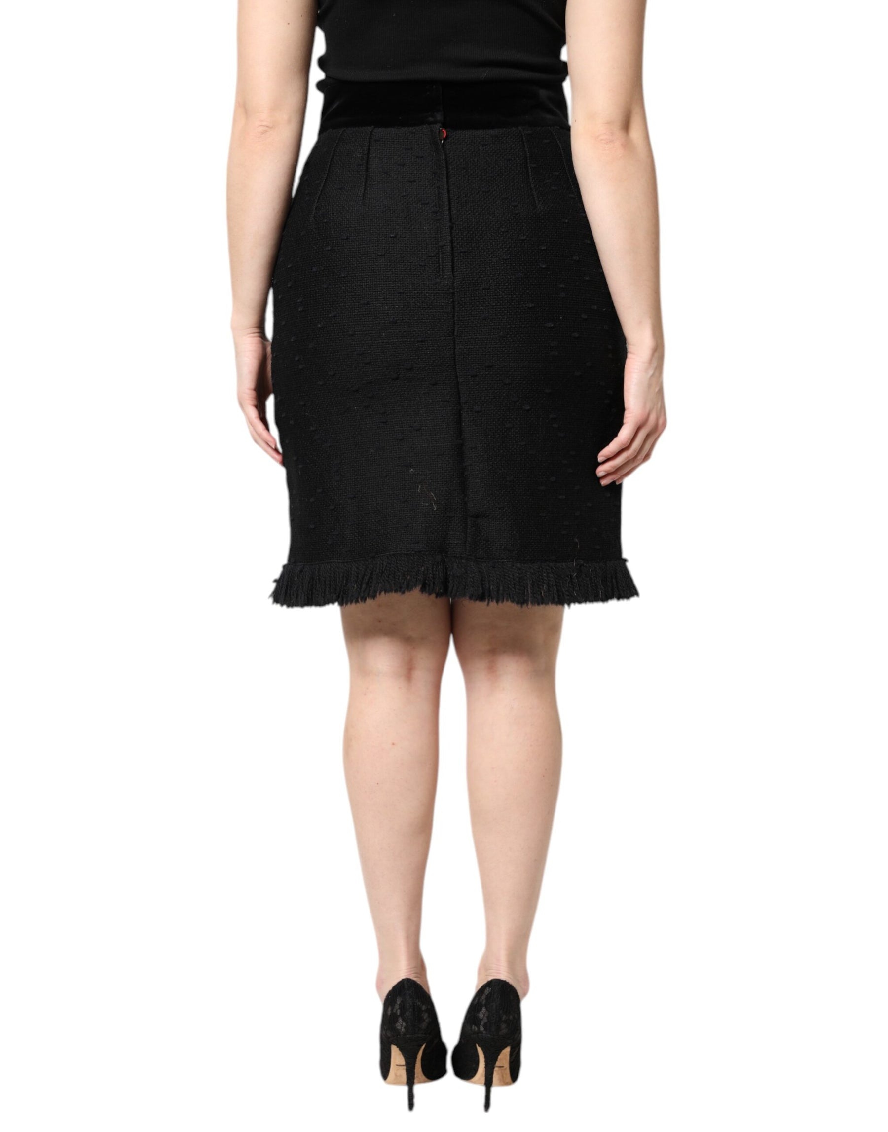 Dolce & Gabbana Black Wool Fringe High Waist Pencil Mini Skirt | Regal Royce