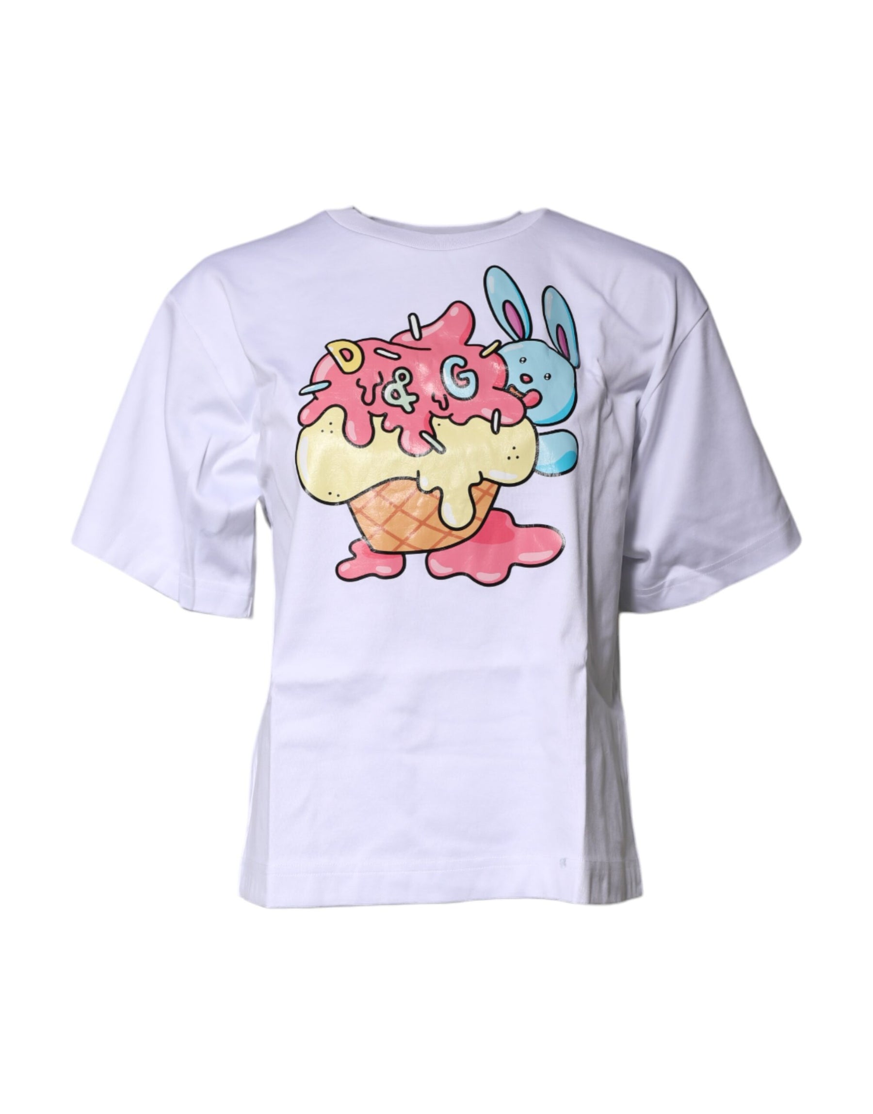 Dolce & Gabbana White Printed Cotton Crew Neck Tee T-shirt | Regal Royce