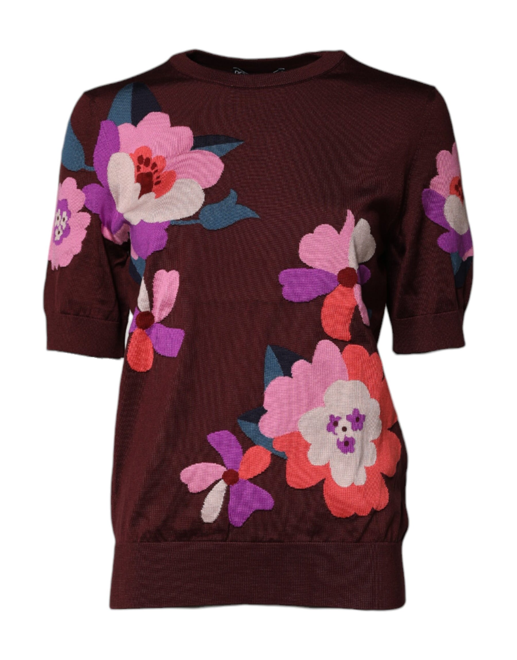Dolce & Gabbana Maroon Floral Silk Crew Neck Blouse Top | Regal Royce