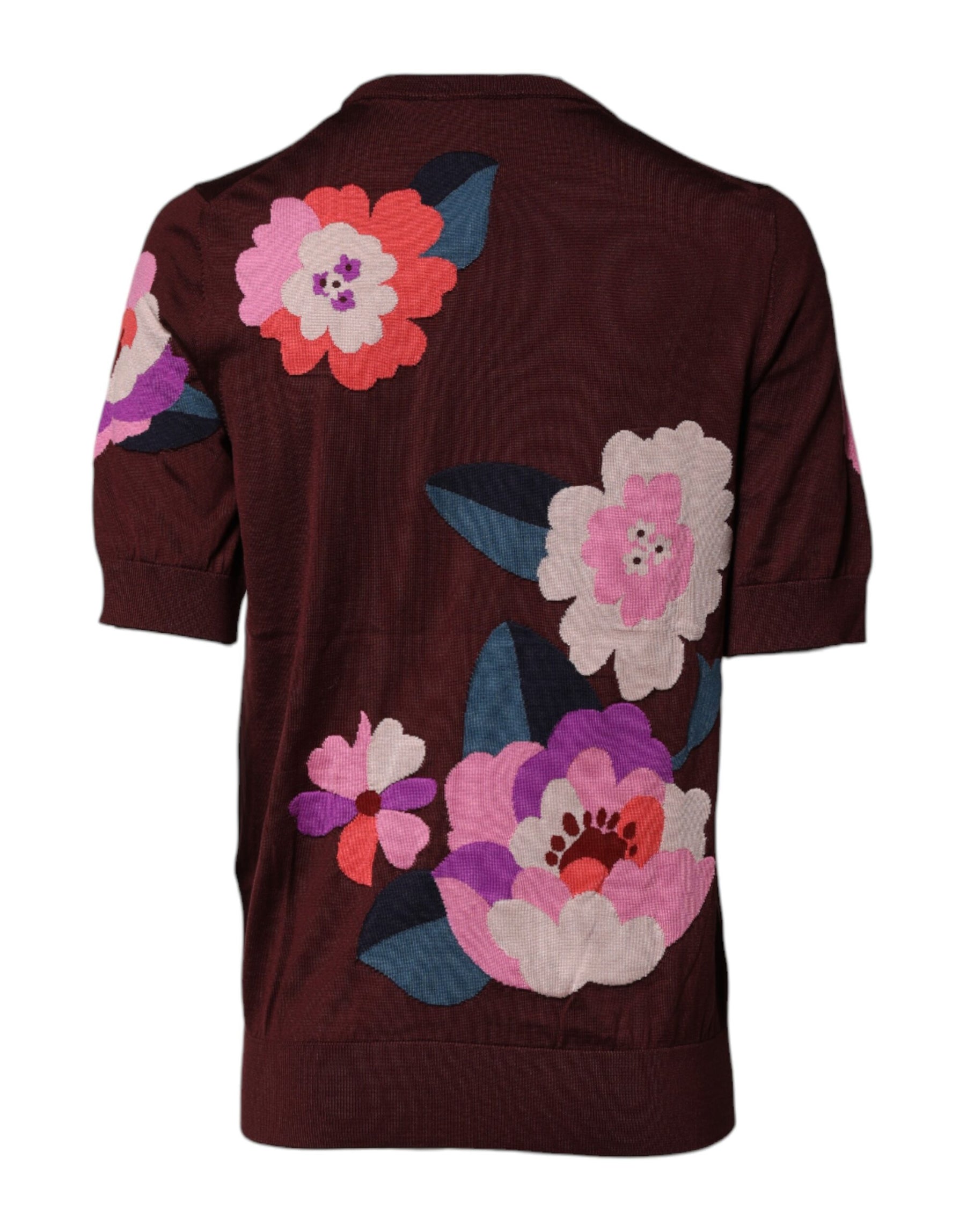 Dolce & Gabbana Maroon Floral Silk Crew Neck Blouse Top | Regal Royce