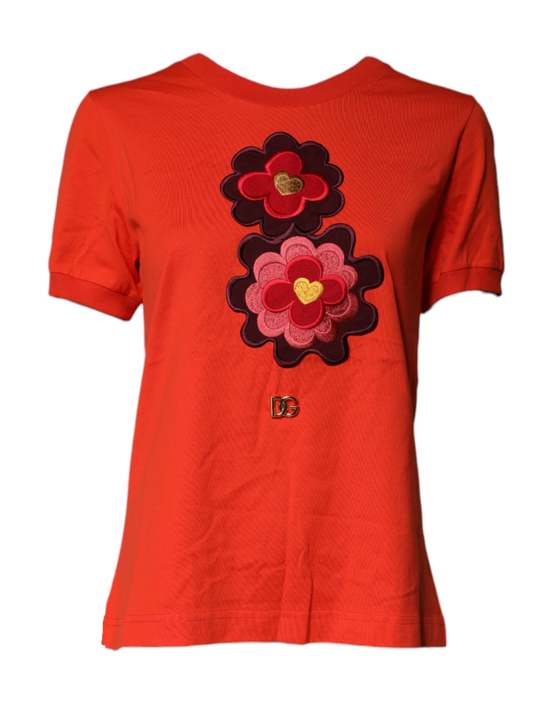 Dolce & Gabbana Red Floral Embroidery Cotton Crew Neck T-shirt | Regal Royce