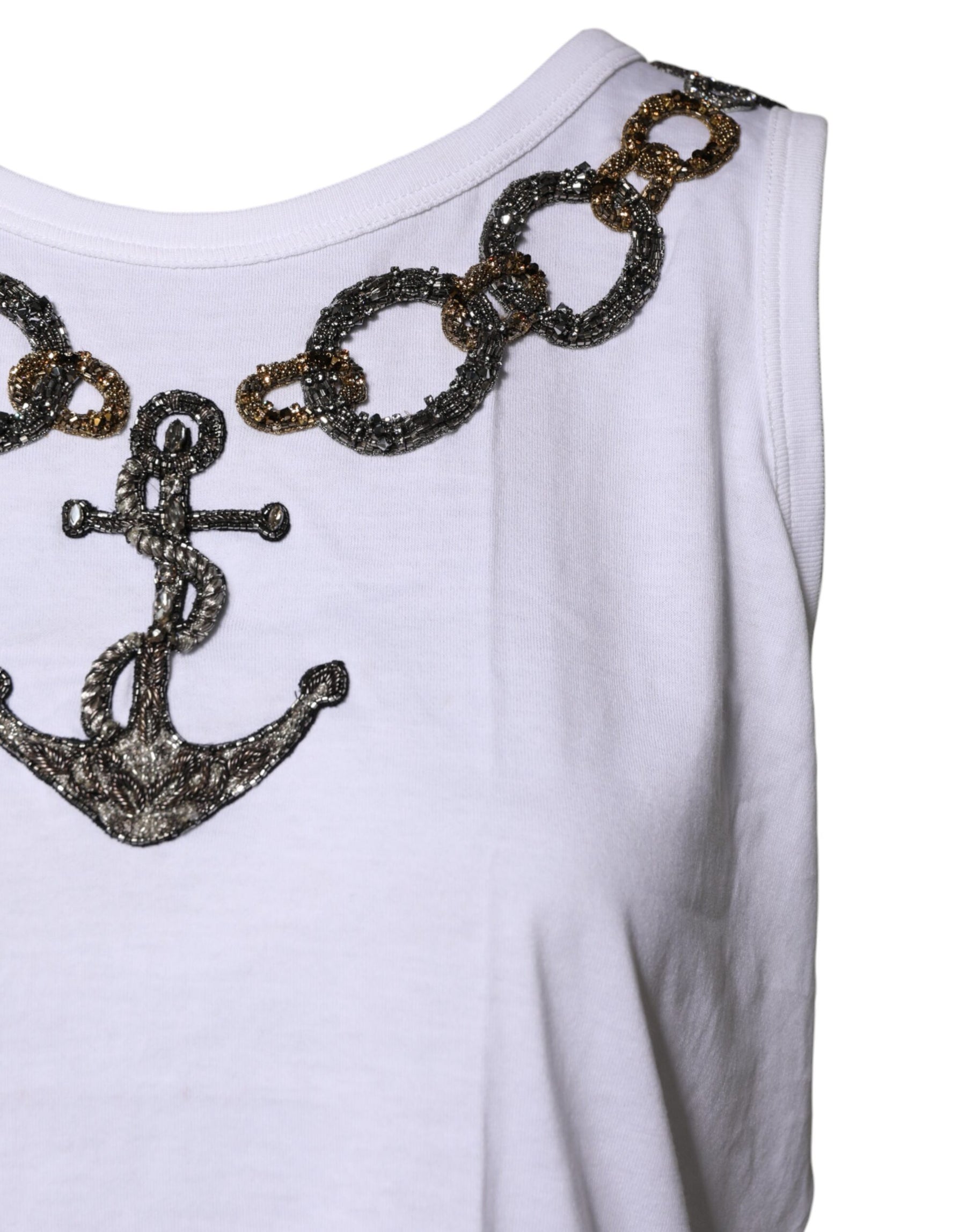 Dolce & Gabbana White Cotton Anchor Chain Embroidery Tank Top | Regal Royce