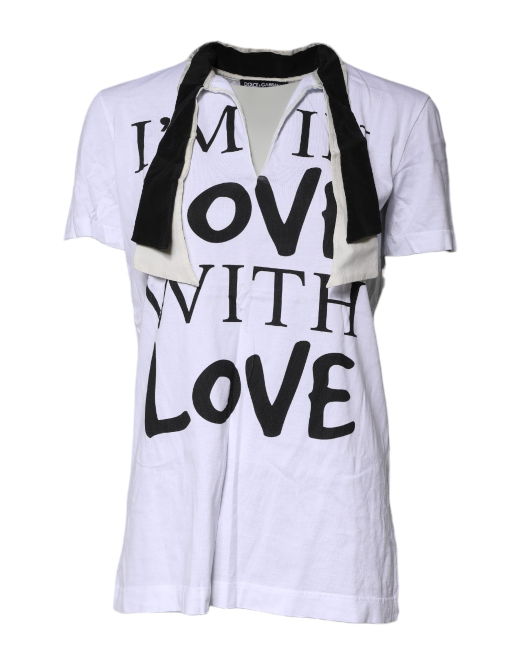 Dolce & Gabbana White Cotton Silk Blend Ascot Collar T-shirt | Regal Royce